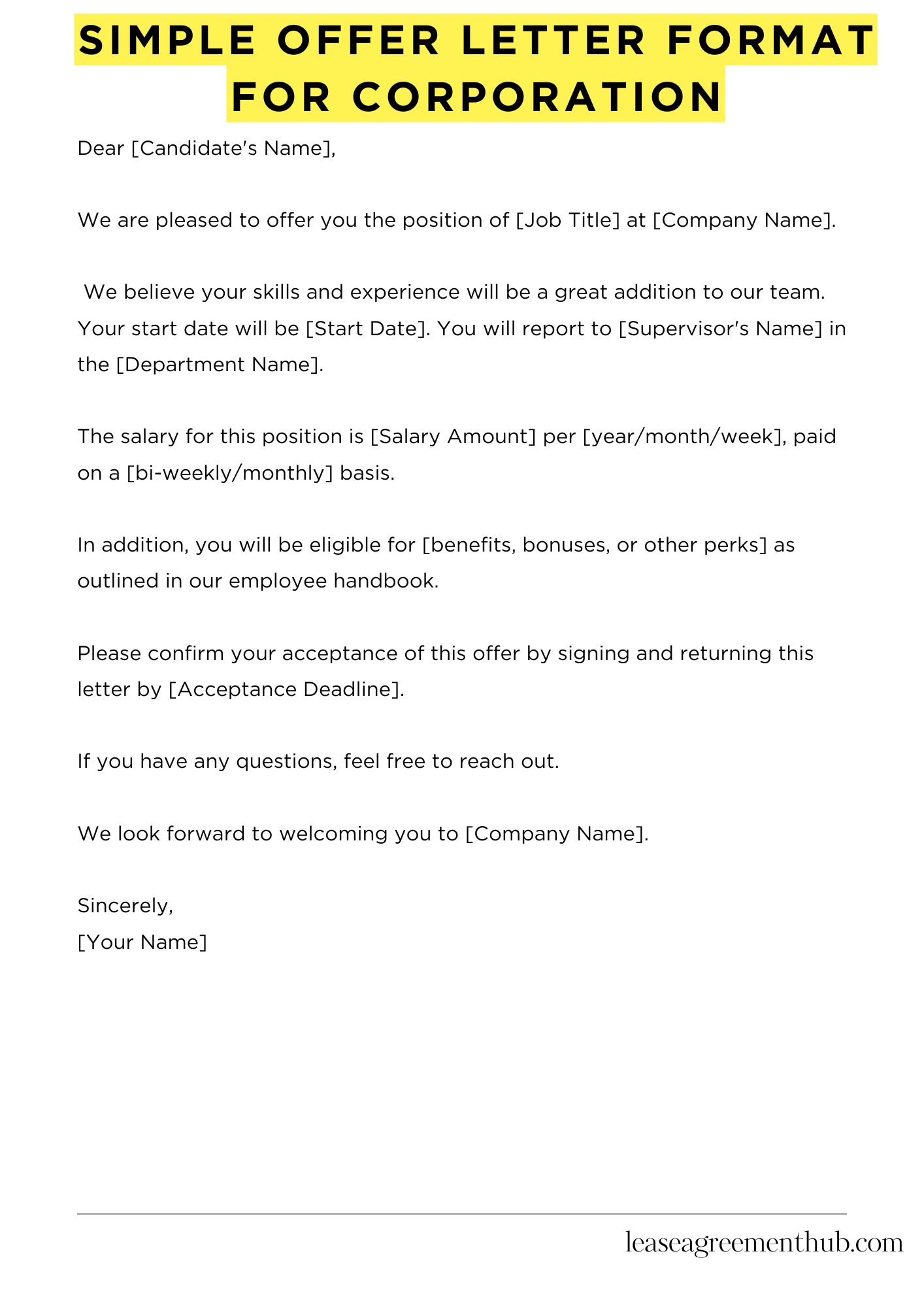 Simple Offer Letter Format For Corporation