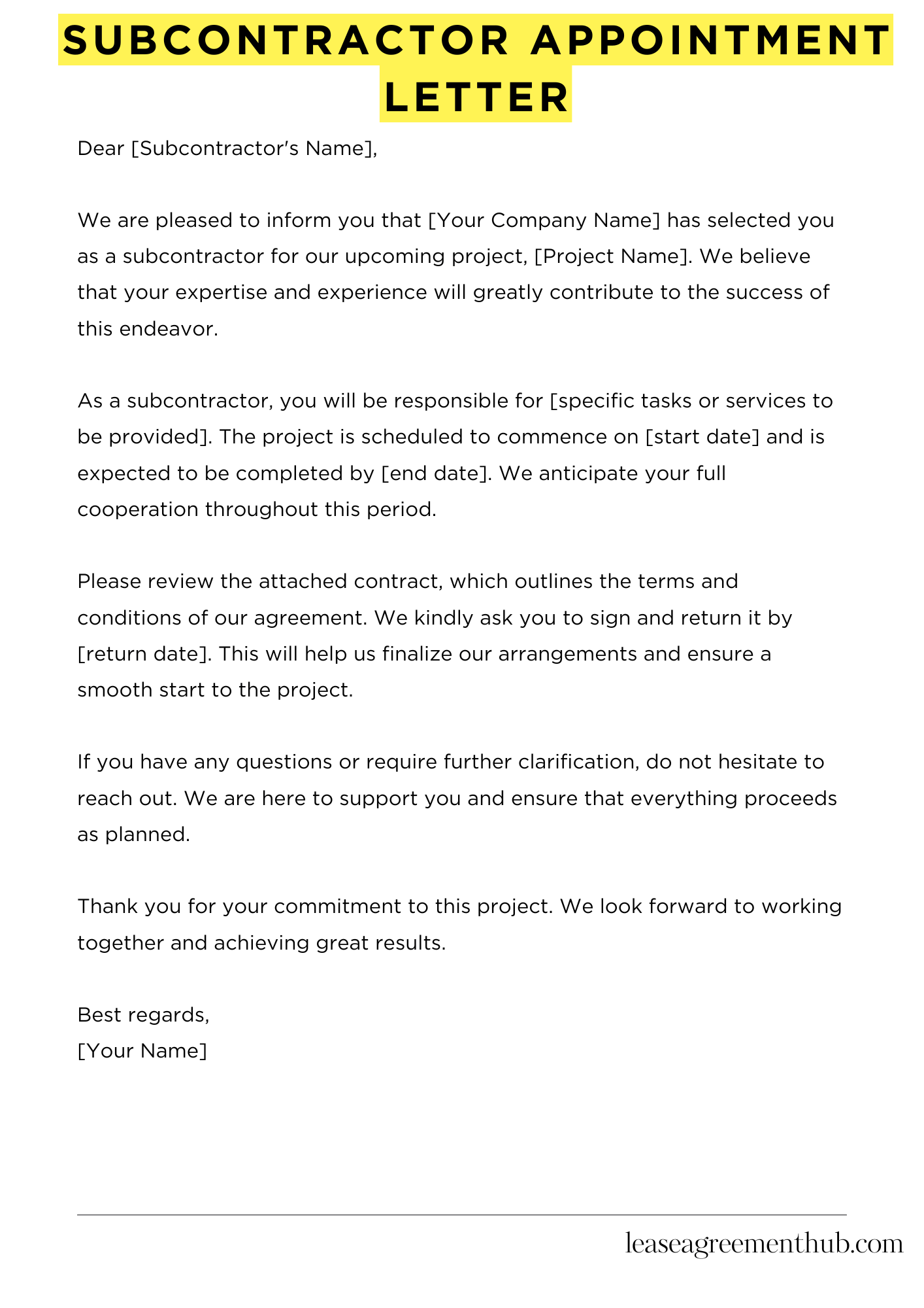 Subcontractor Appointment Letter