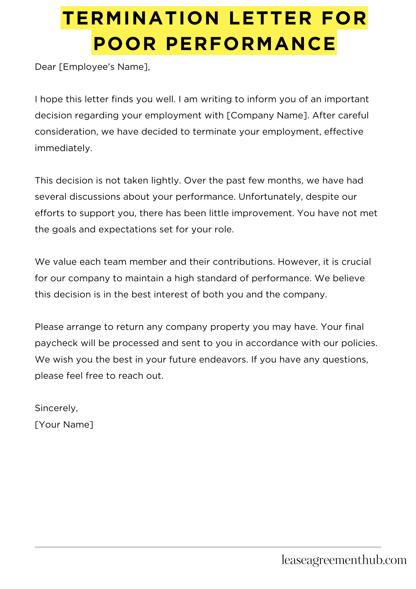 Termination Letter For Poor Performance