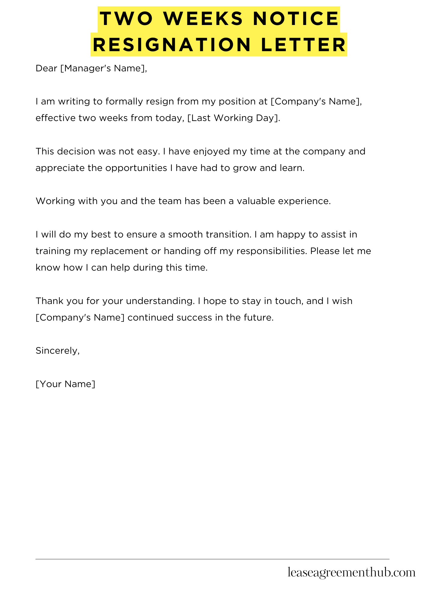 Two Weeks Notice Resignation Letter