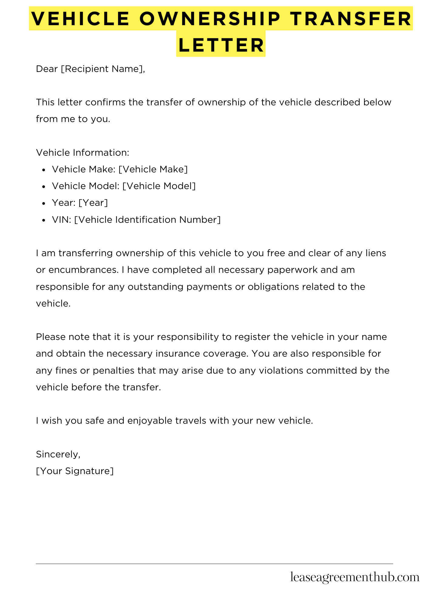 Vehicle Ownership Transfer Letter