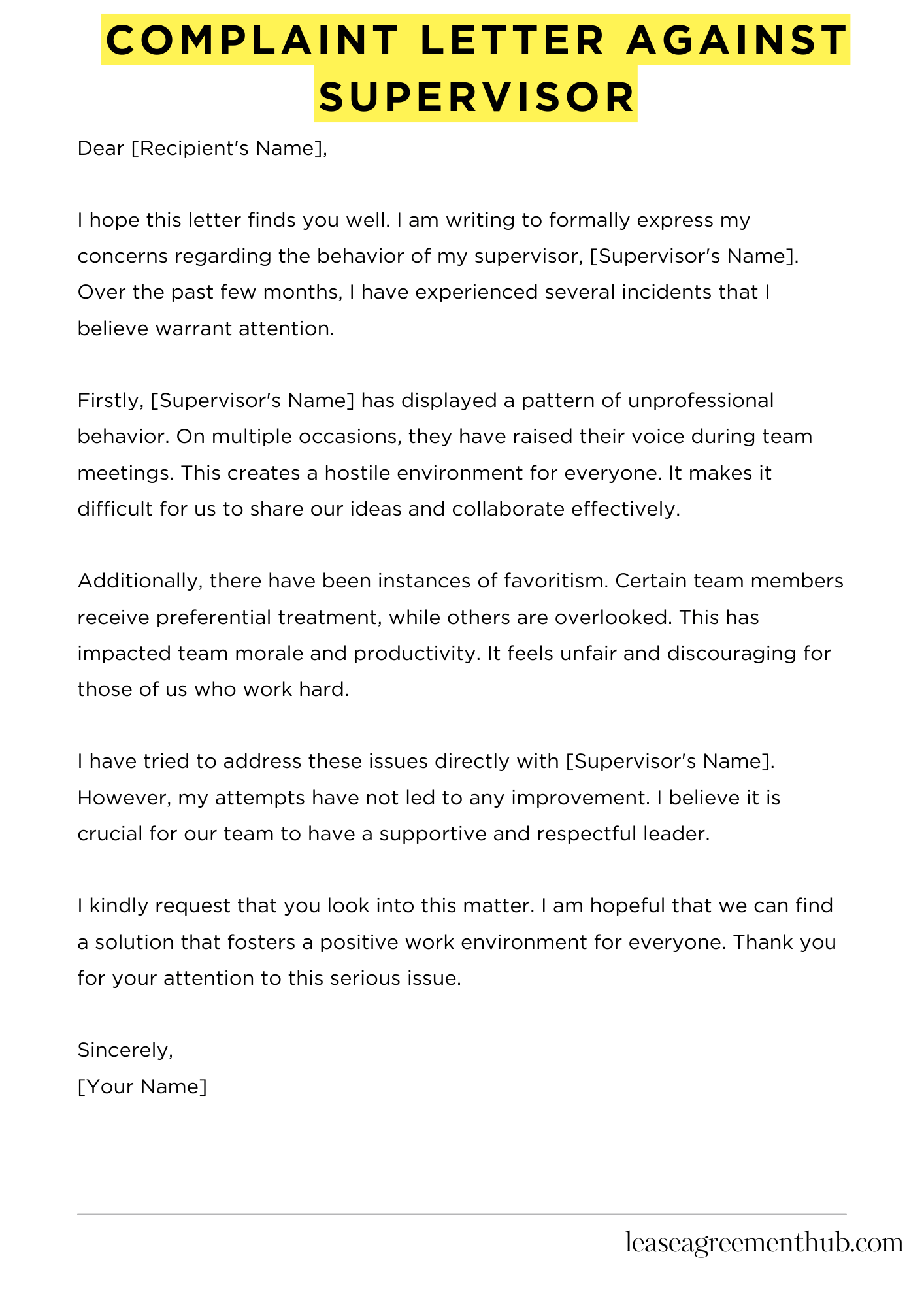 Complaint Letter Against Supervisor