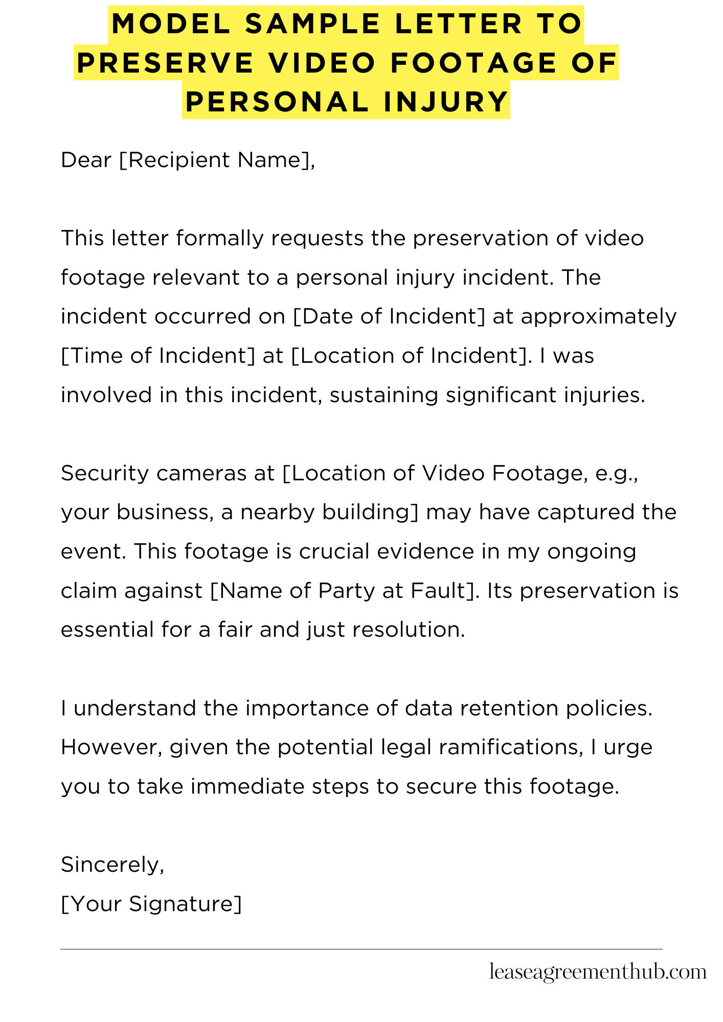 Model Sample Letter To Preserve Video Footage Of Personal Injury