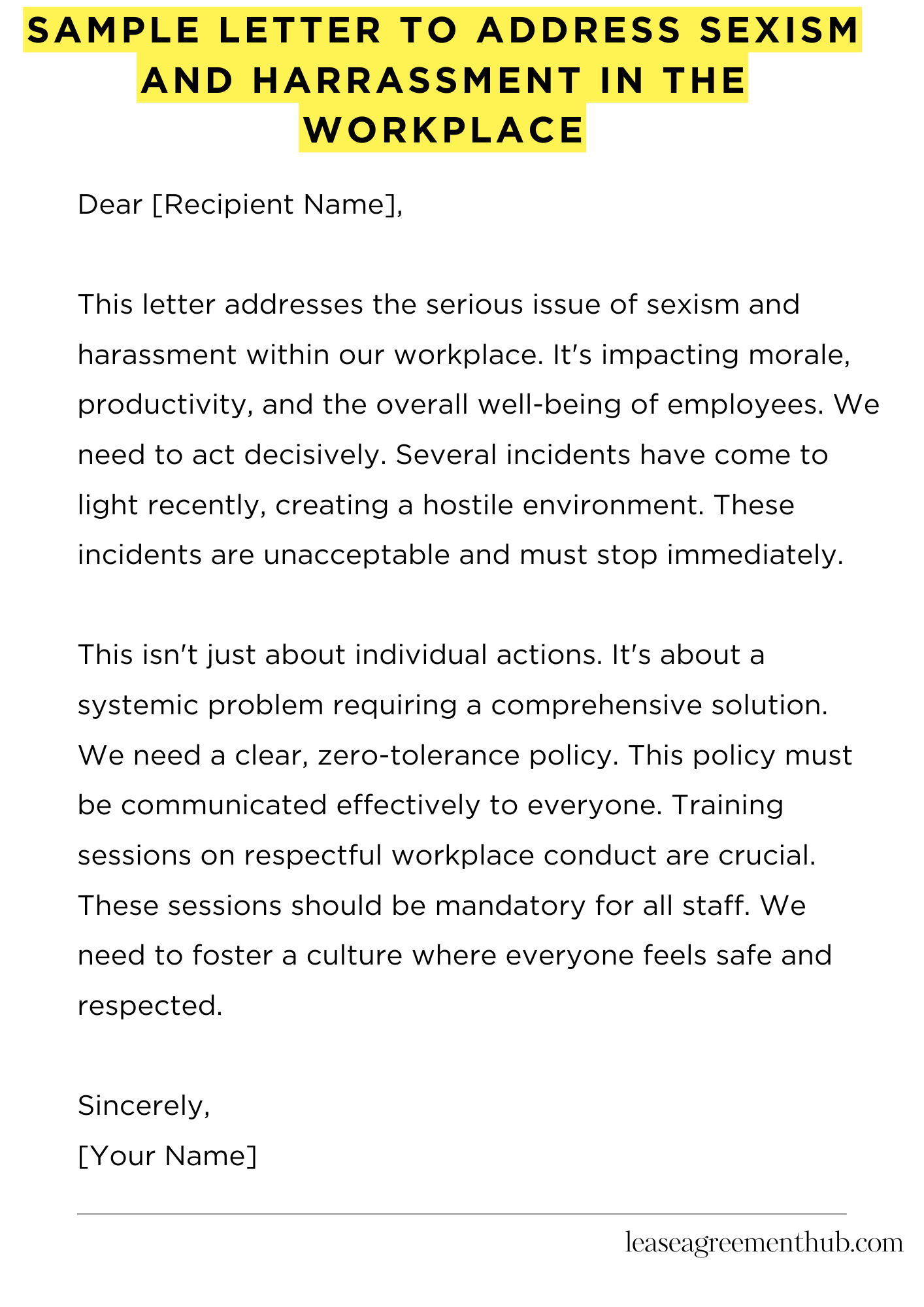 Sample Letter To Address Sexism And Harrassment In The Workplace