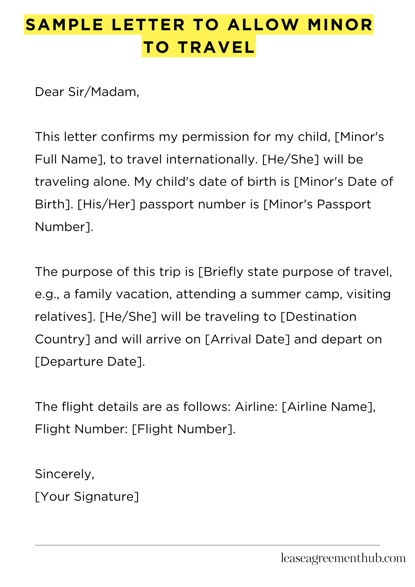 Sample Letter To Allow Minor To Travel
