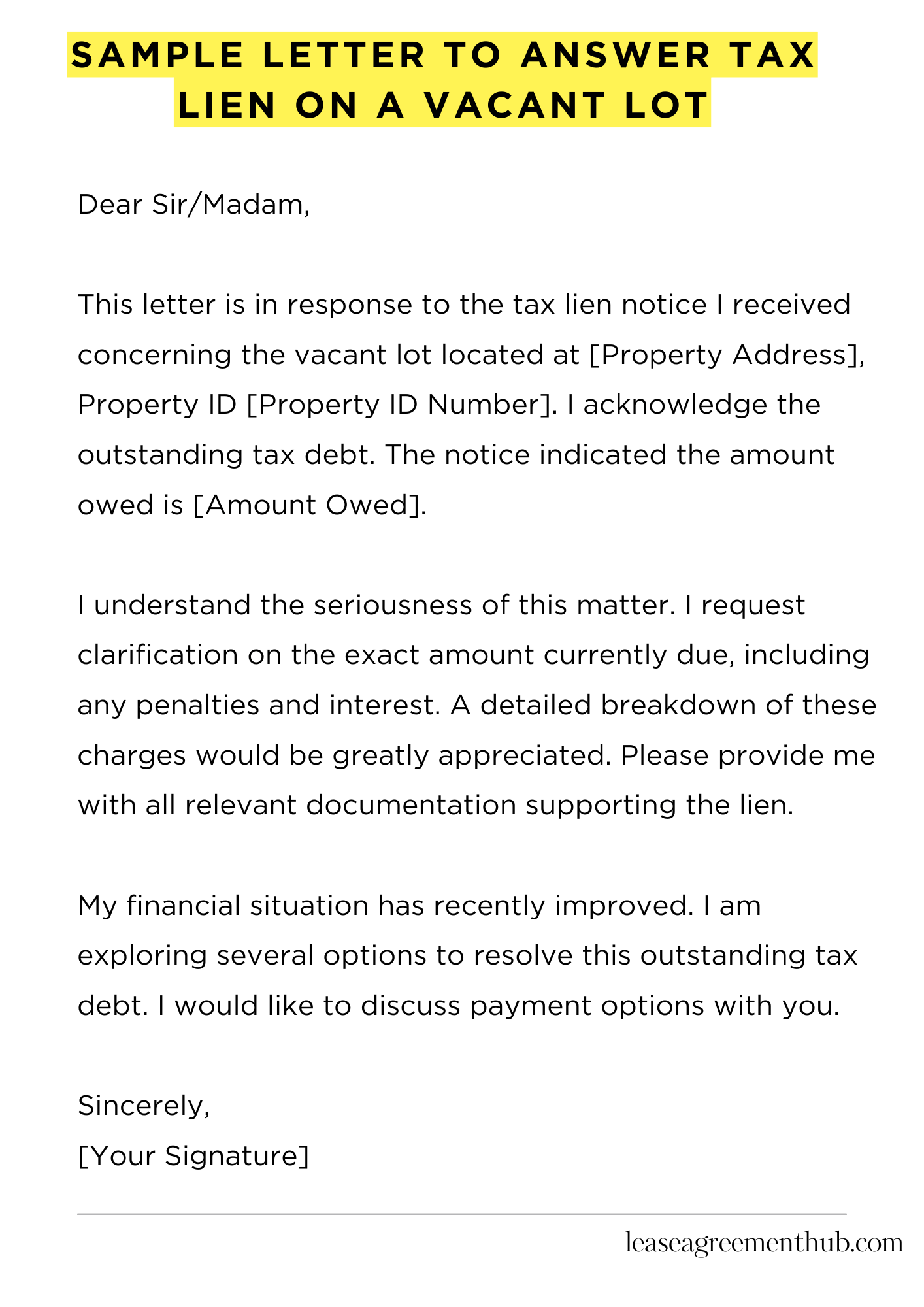 Sample Letter To Answer Tax Lien On A Vacant Lot