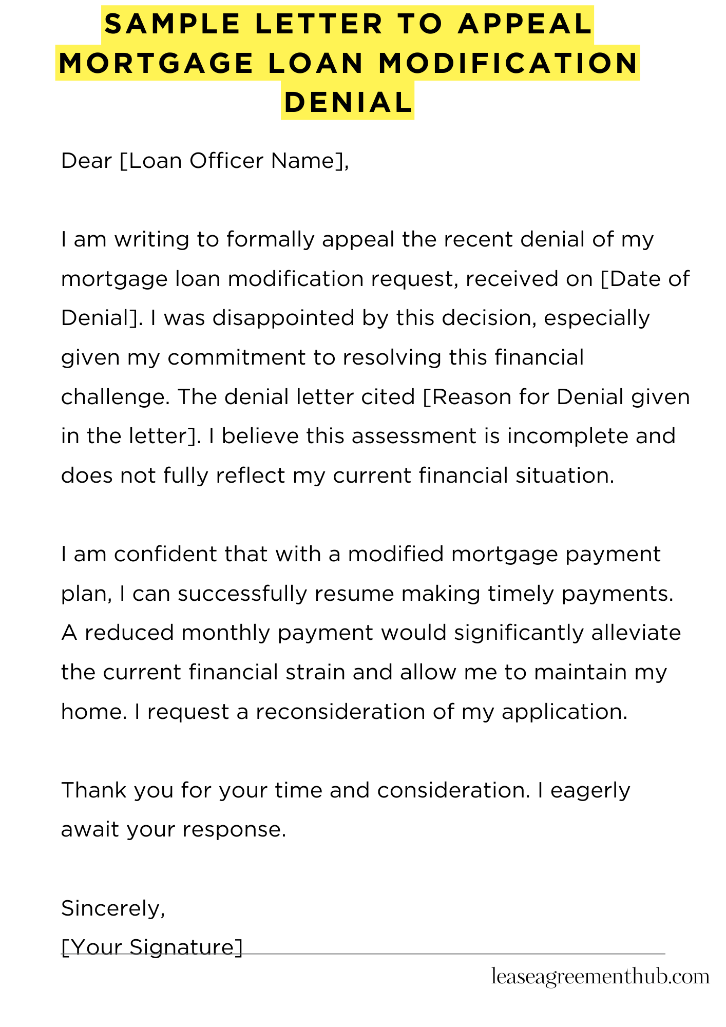 Sample Letter To Appeal Mortgage Loan Modification Denial