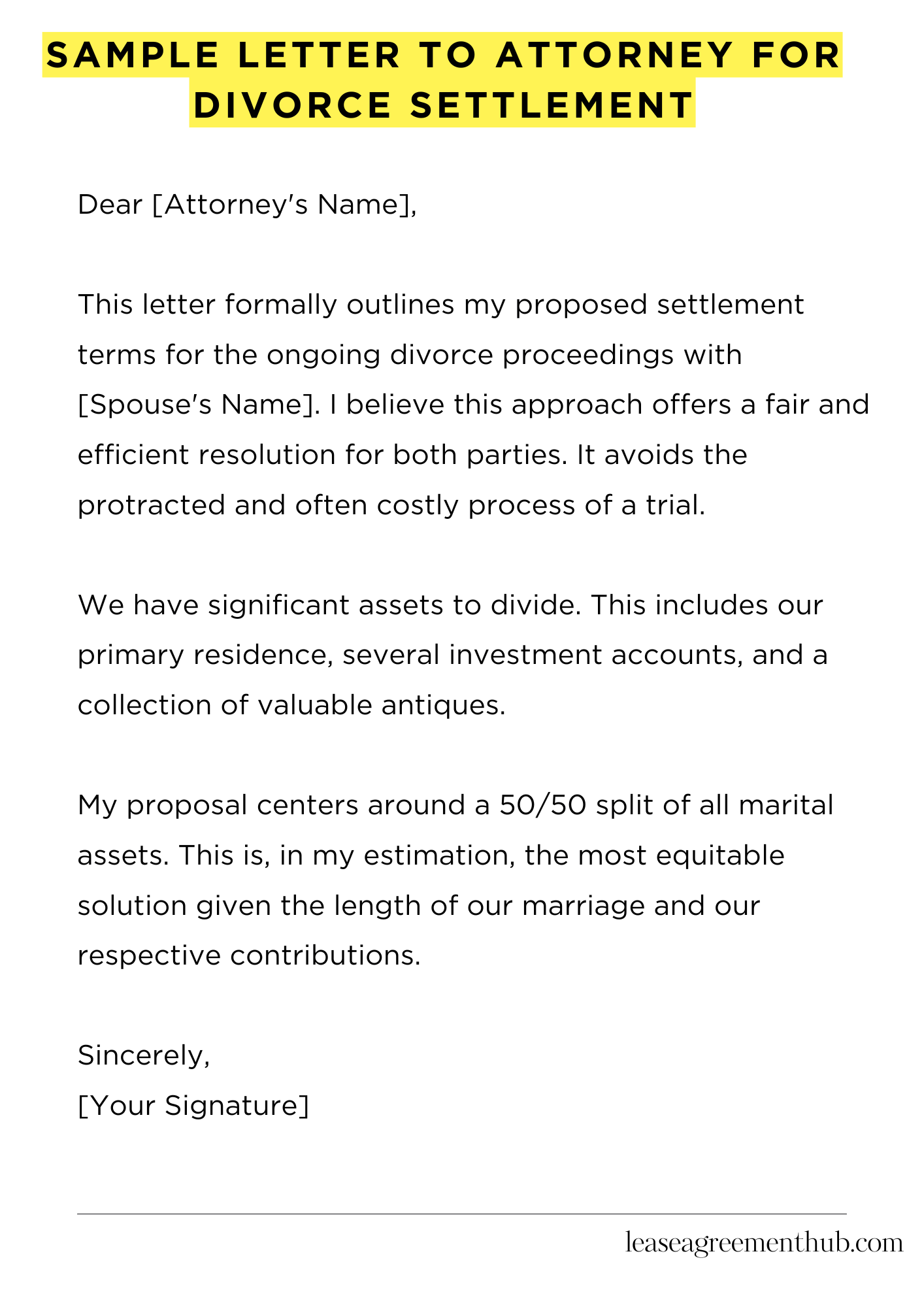 Sample Letter To Attorney For Divorce Settlement
