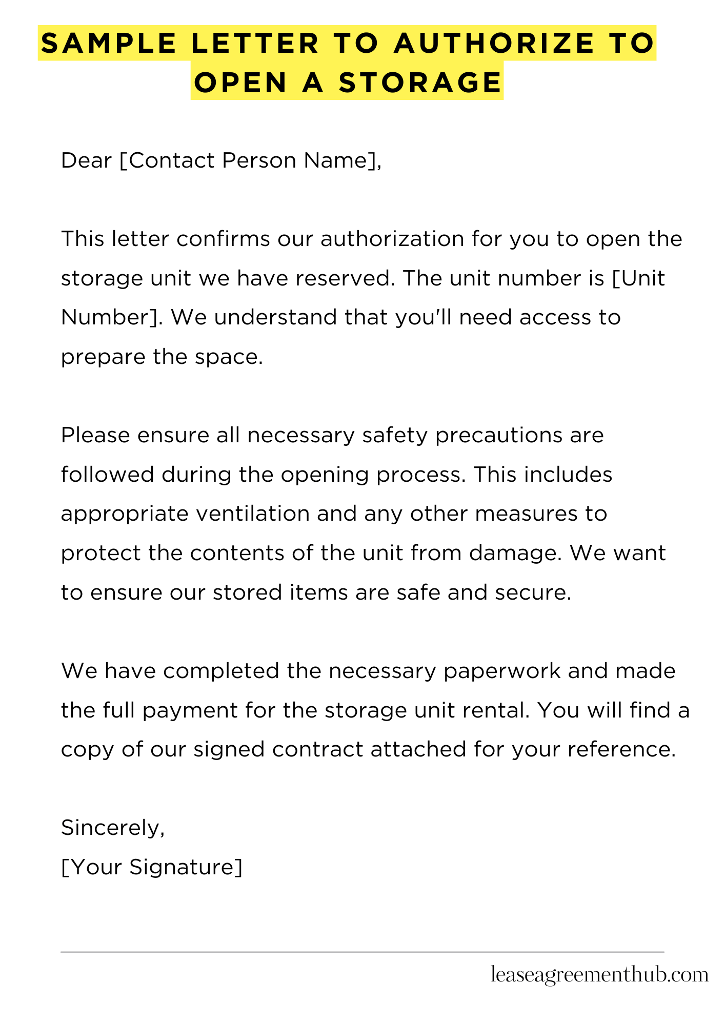 Sample Letter To Authorize To Open A Storage