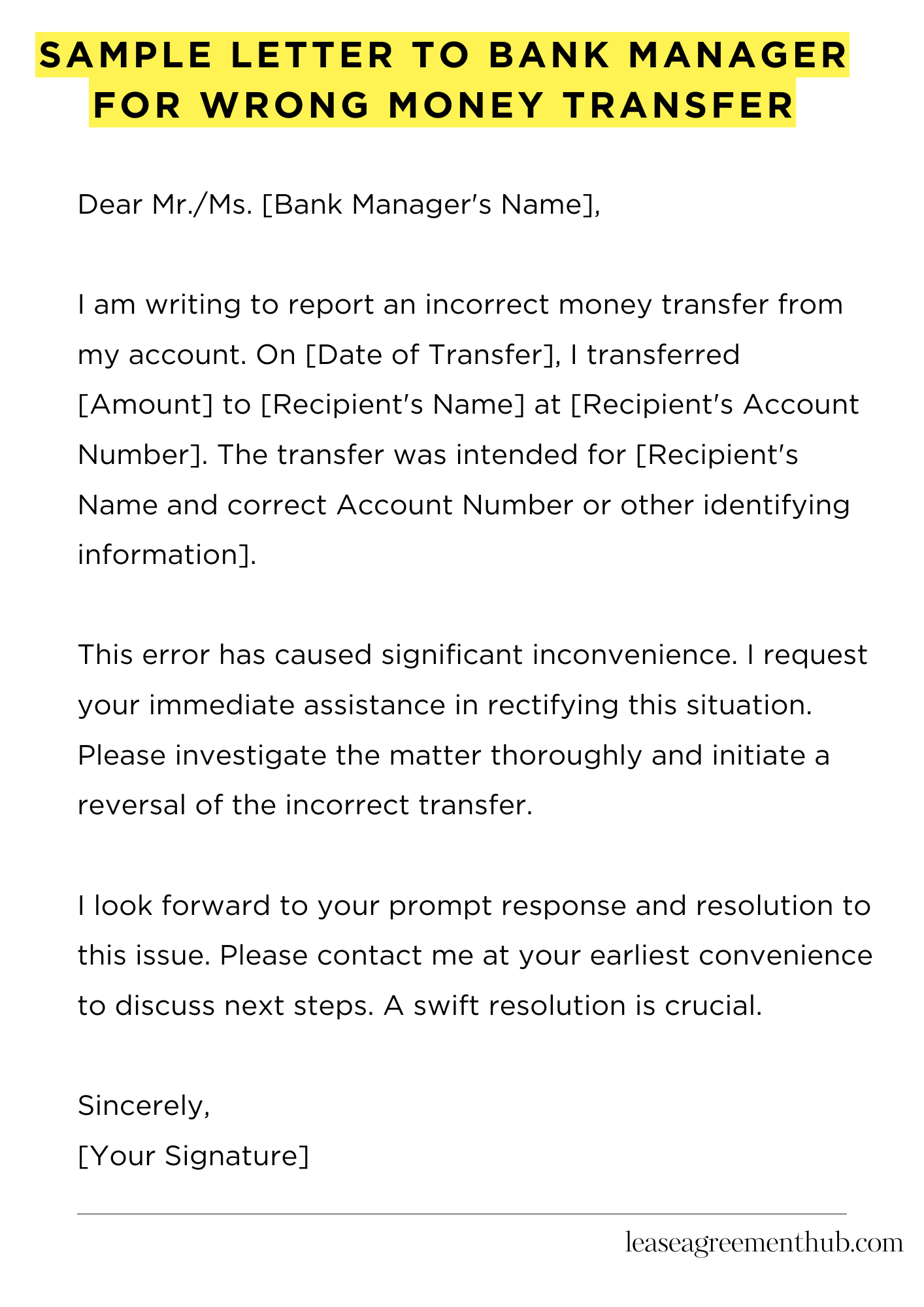 Sample Letter To Bank Manager For Wrong Money Transfer