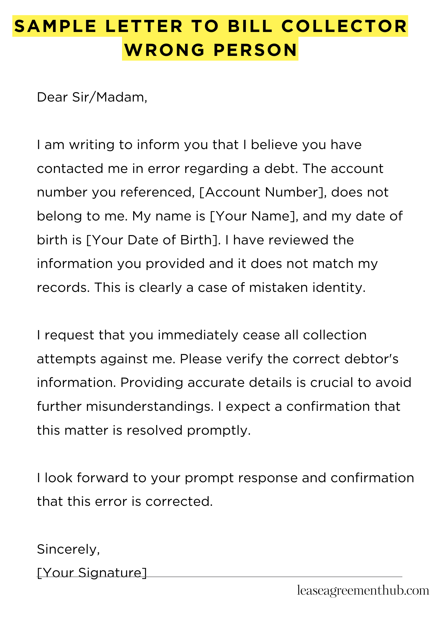 Sample Letter To Bill Collector Wrong Person