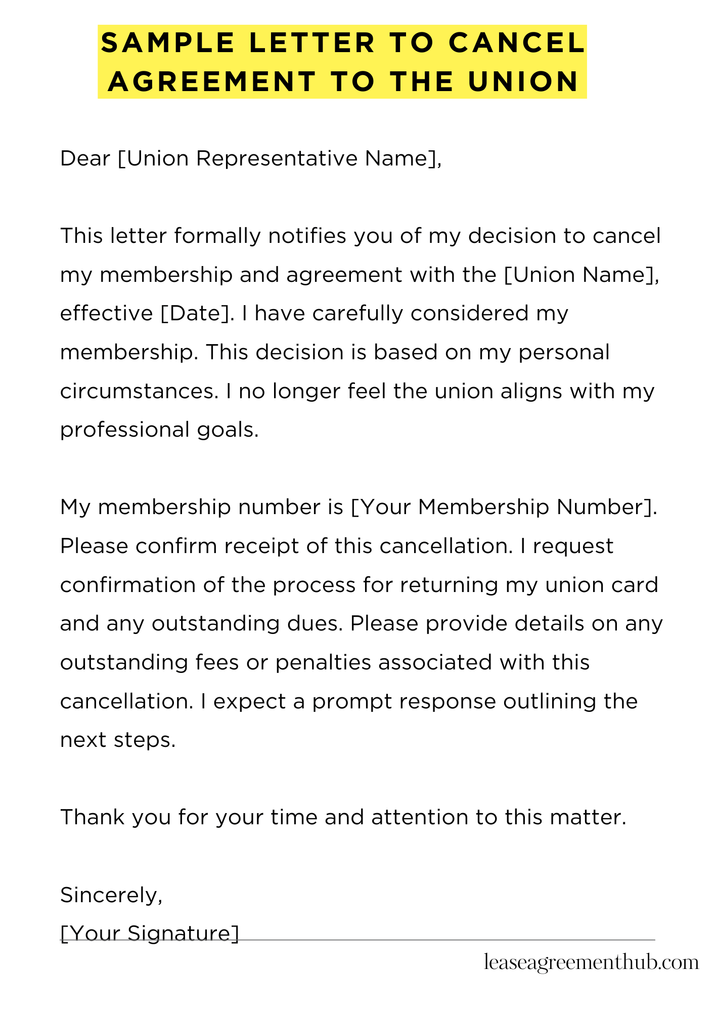 Sample Letter To Cancel Agreement To The Union