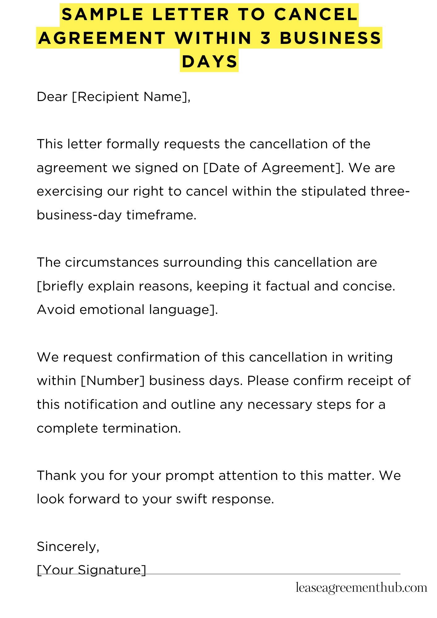 Sample Letter To Cancel Agreement Within 3 Business Days