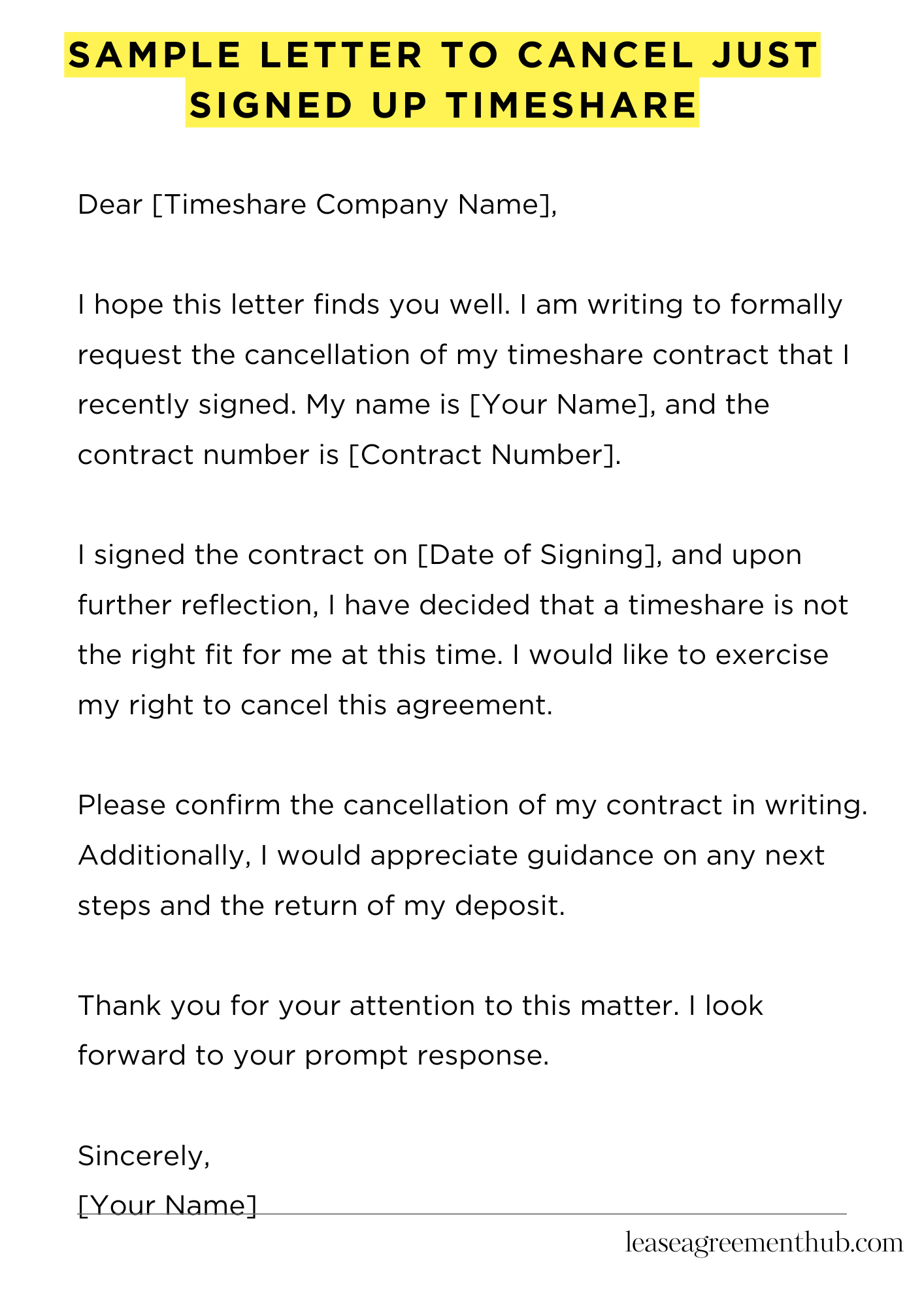Sample Letter To Cancel Just Signed Up Timeshare