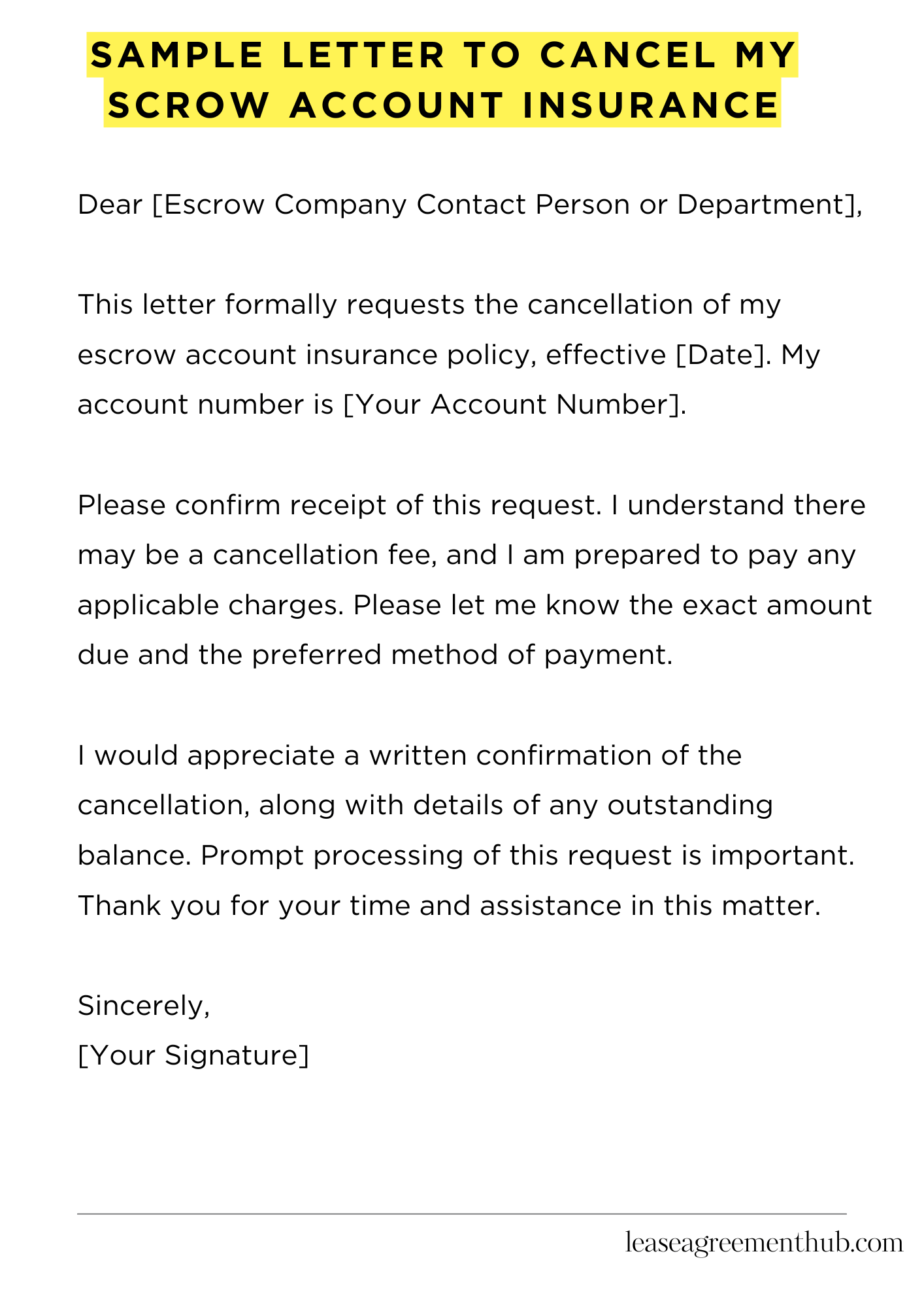 Sample Letter To Cancel My Scrow Account Insurance