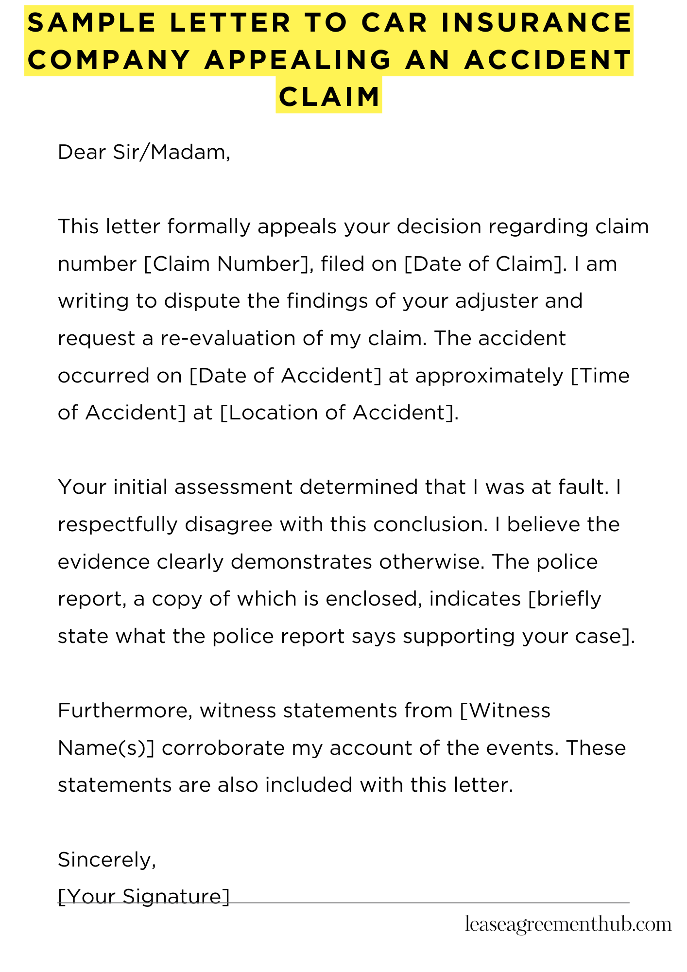 Sample Letter To Car Insurance Company Appealing An Accident Claim