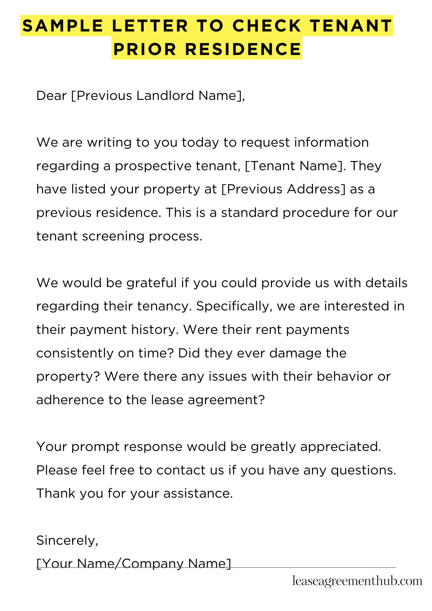 Sample Letter To Check Tenant Prior Residence