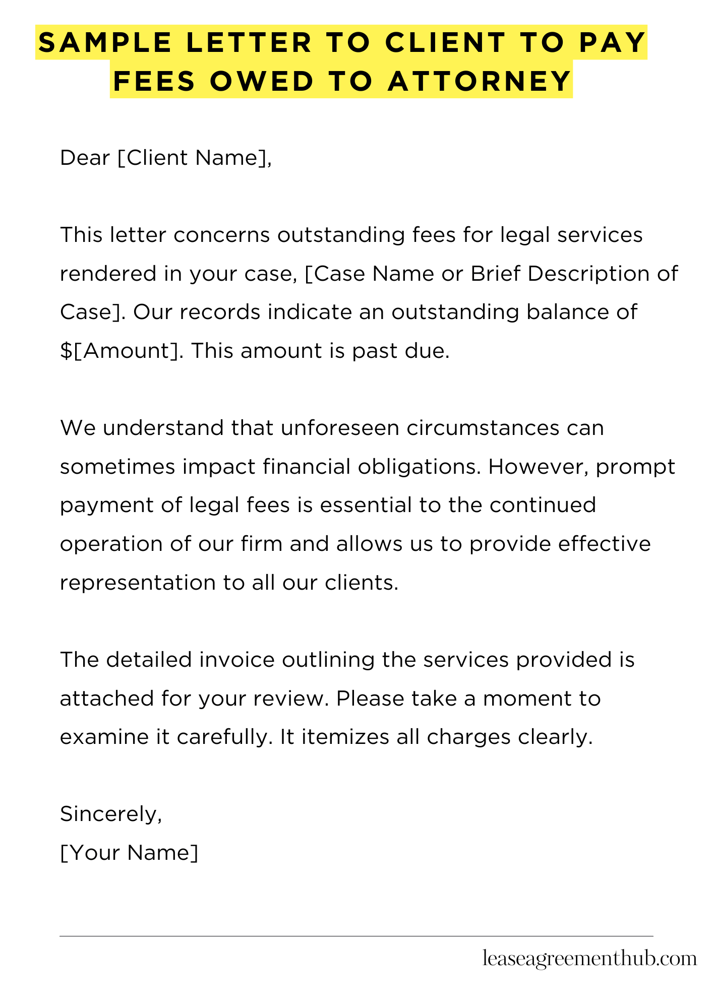 Sample Letter To Client To Pay Fees Owed To Attorney