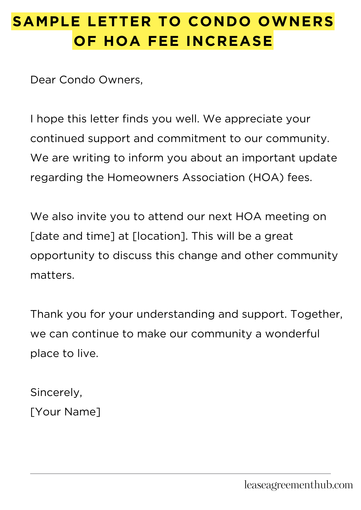 Sample Letter To Condo Owners Of Hoa Fee Increase