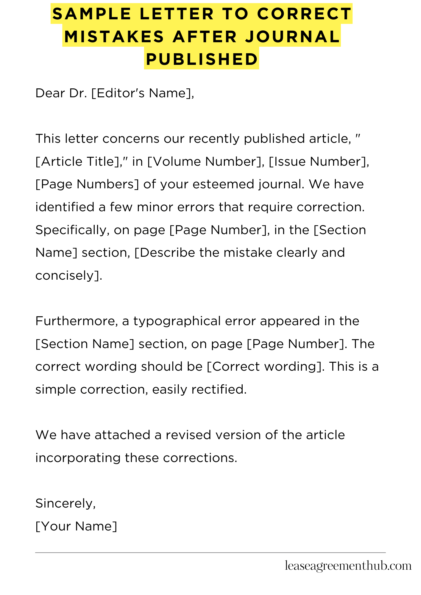 Sample Letter To Correct Mistakes After Journal Published