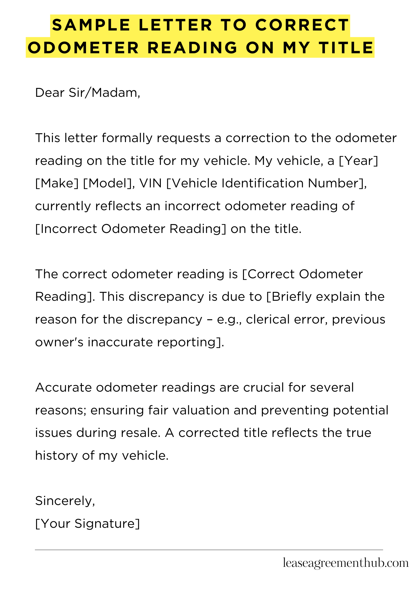 Sample Letter To Correct Odometer Reading On My Title