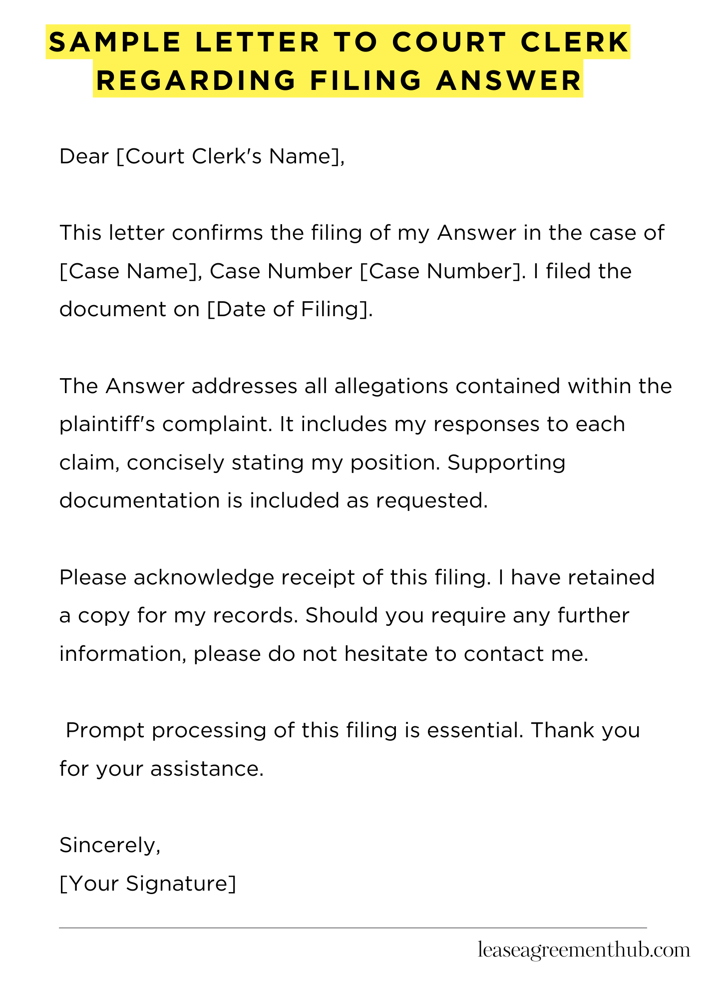 Sample Letter To Court Clerk Regarding Filing Answer