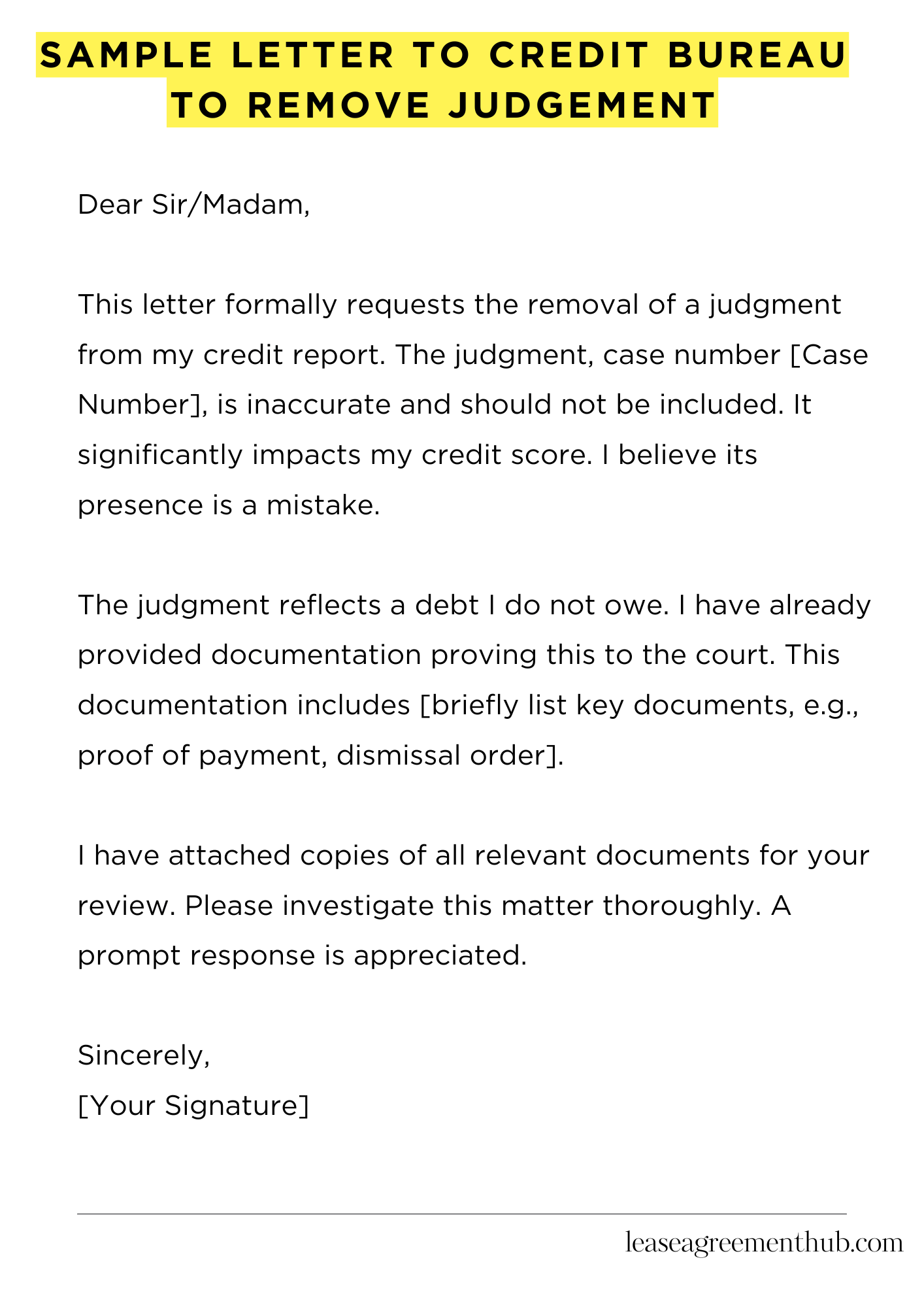 Sample Letter To Credit Bureau To Remove Judgement