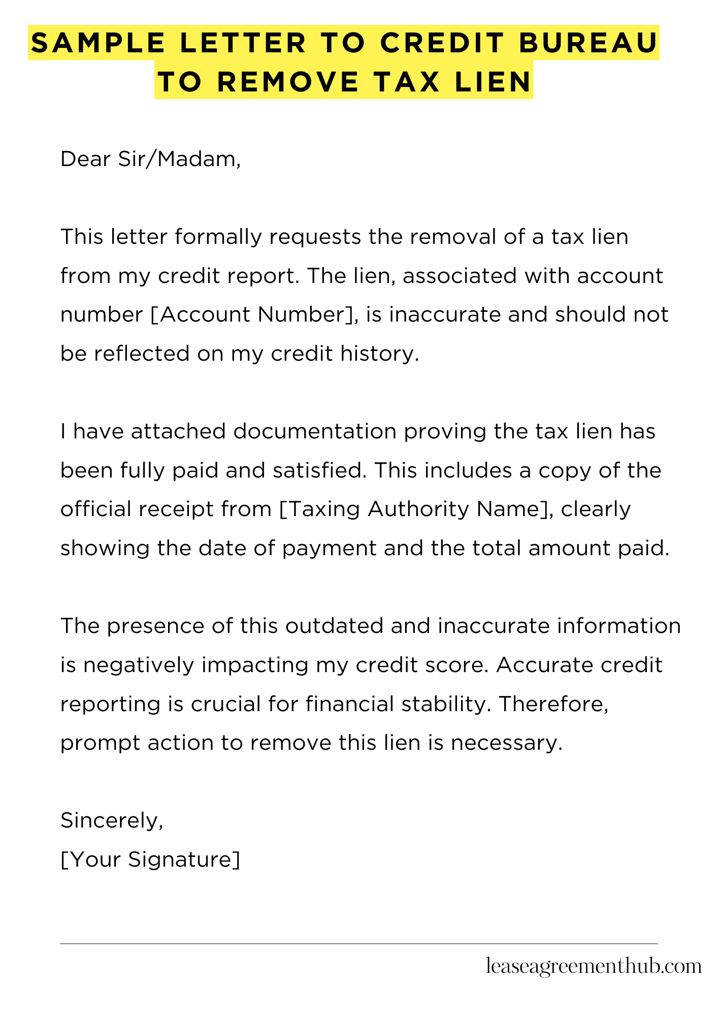 Sample Letter To Credit Bureau To Remove Tax Lien