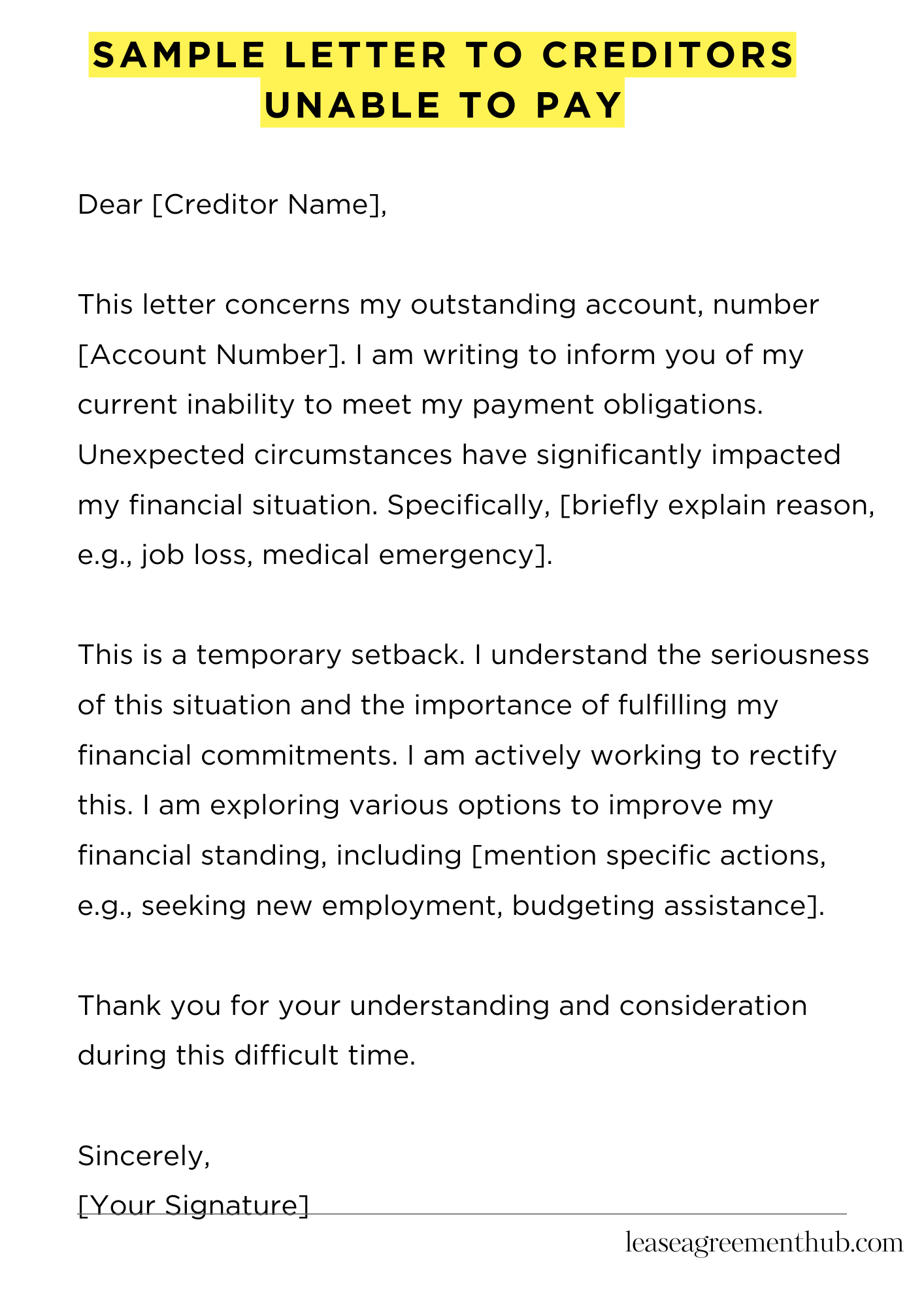 Sample Letter To Creditors Unable To Pay