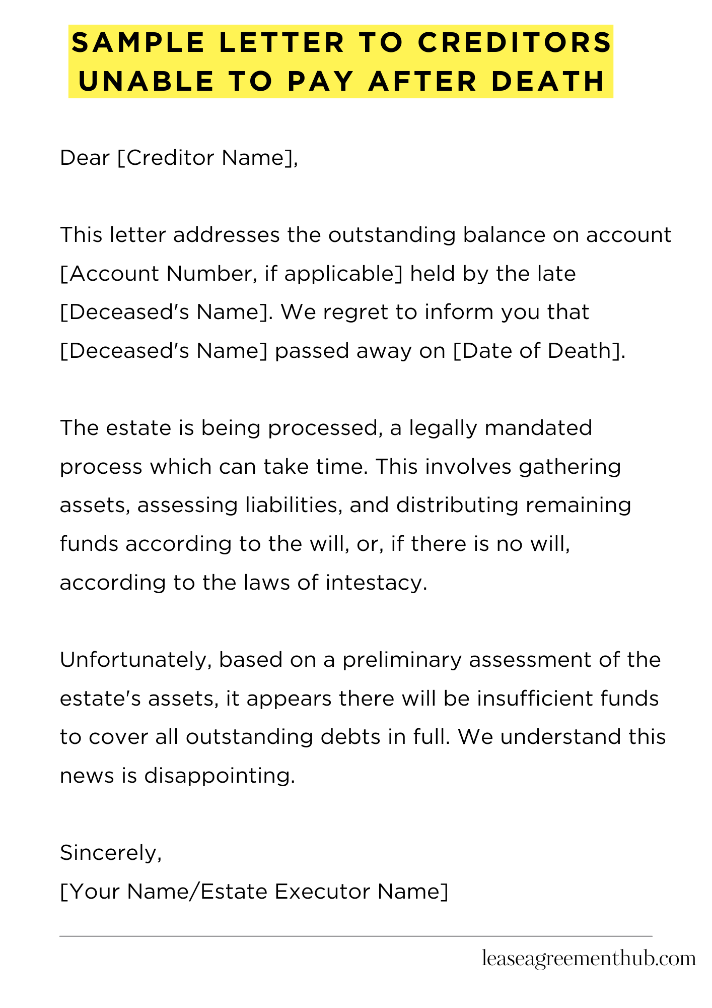 Sample Letter To Creditors Unable To Pay After Death