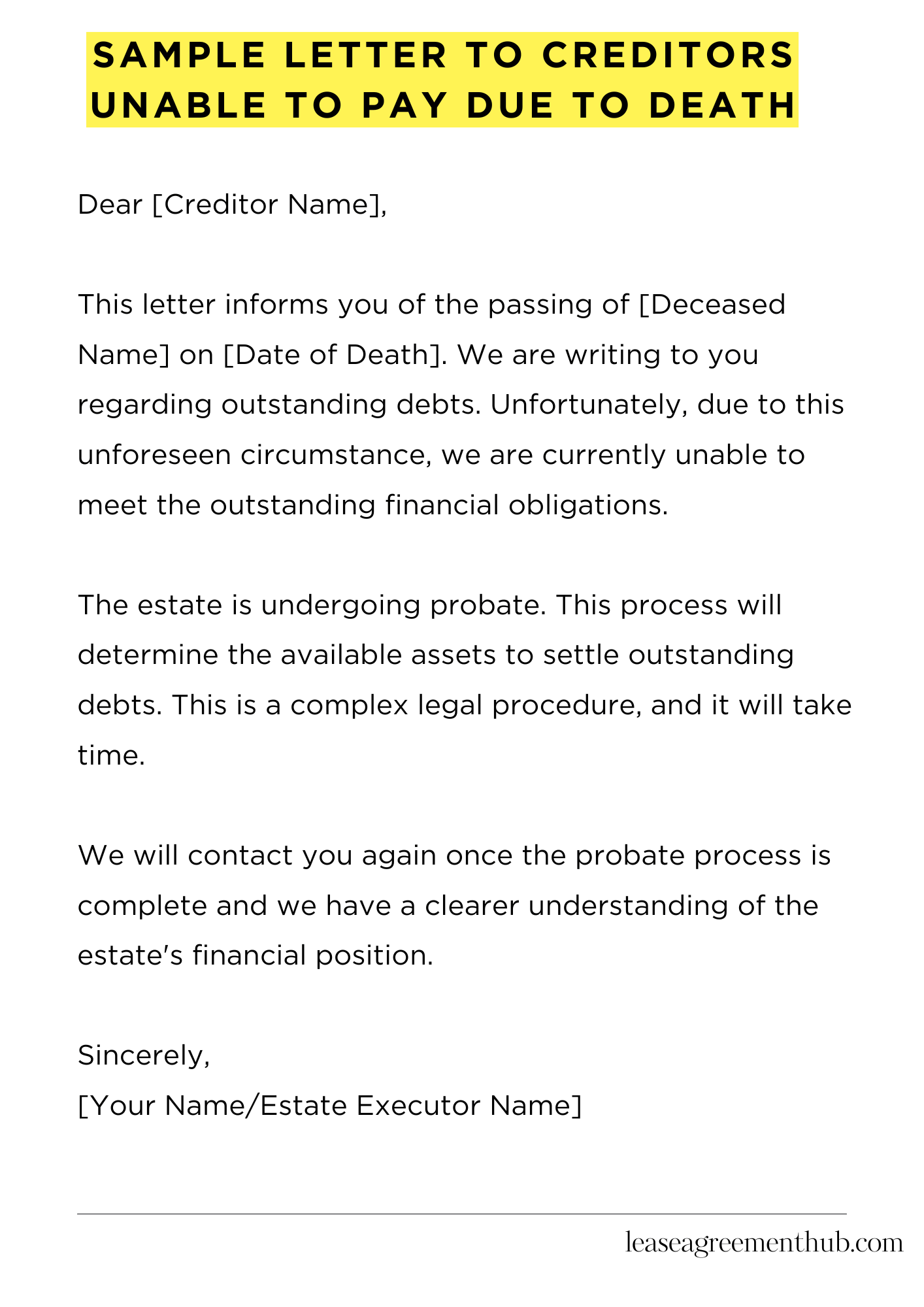 Sample Letter To Creditors Unable To Pay Due To Death