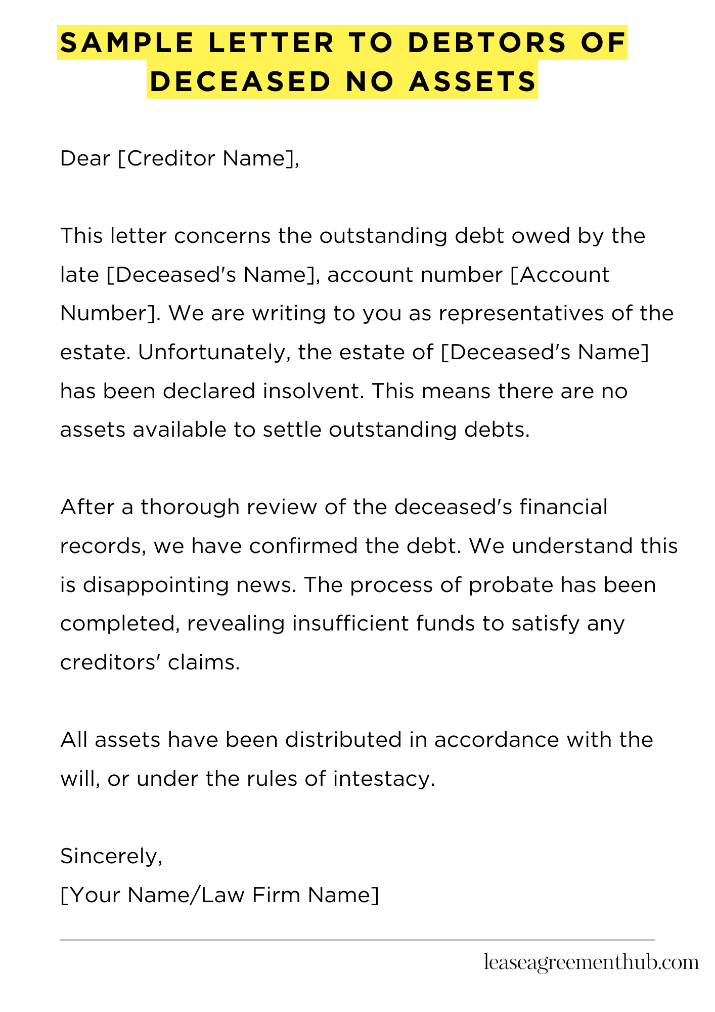 Sample Letter To Debtors Of Deceased No Assets