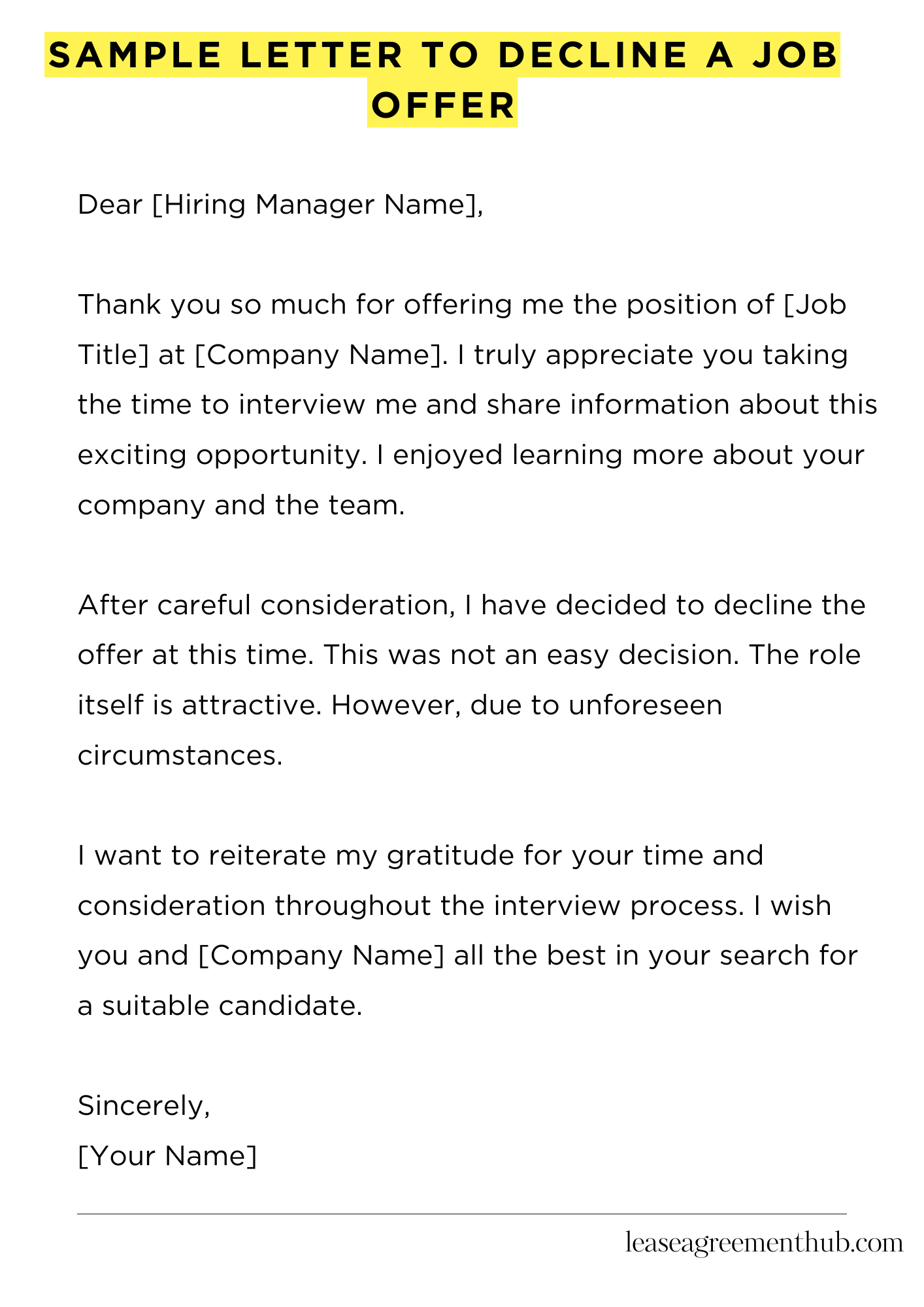 Sample Letter To Decline A Job Offer