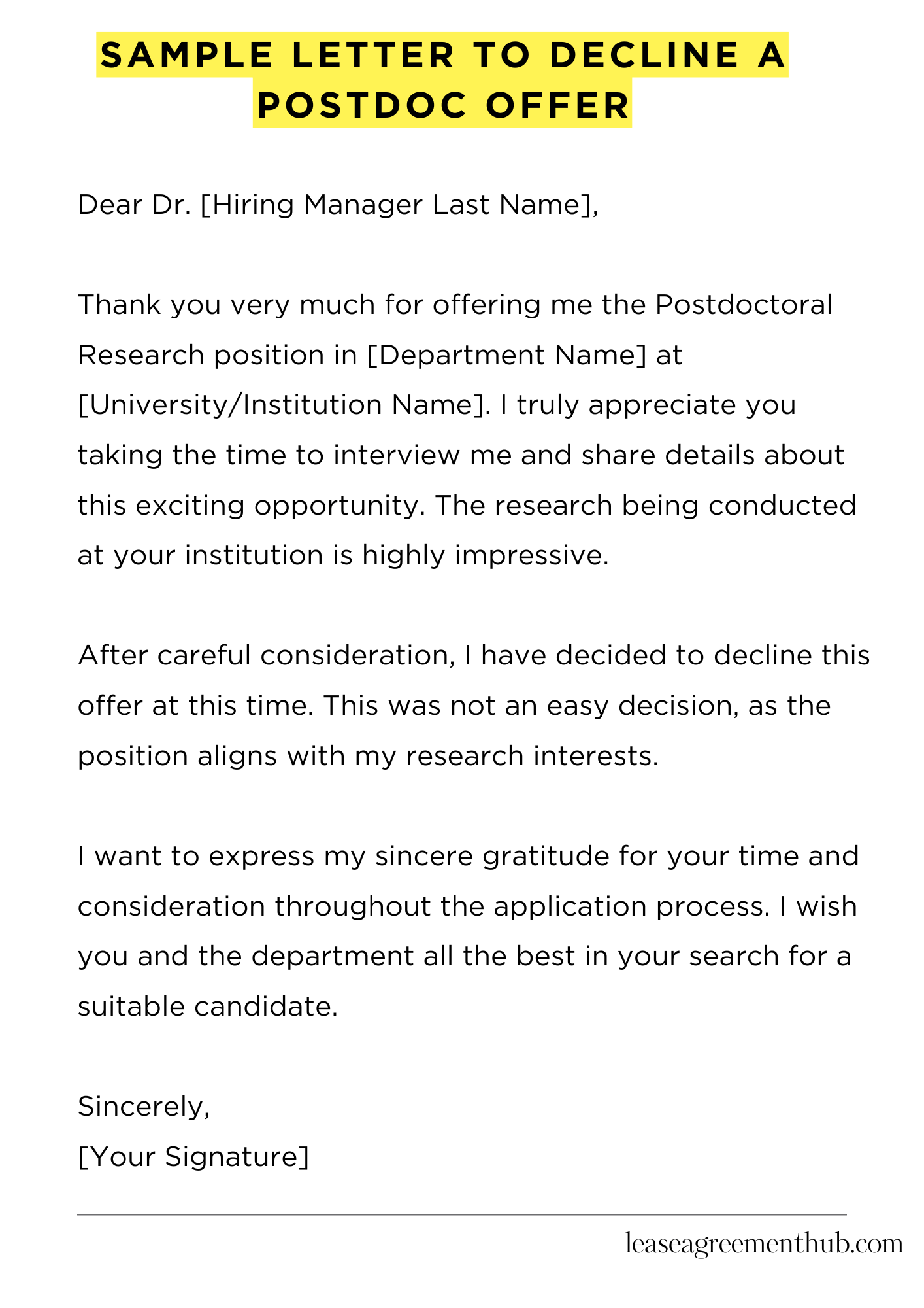 Sample Letter To Decline A Postdoc Offer