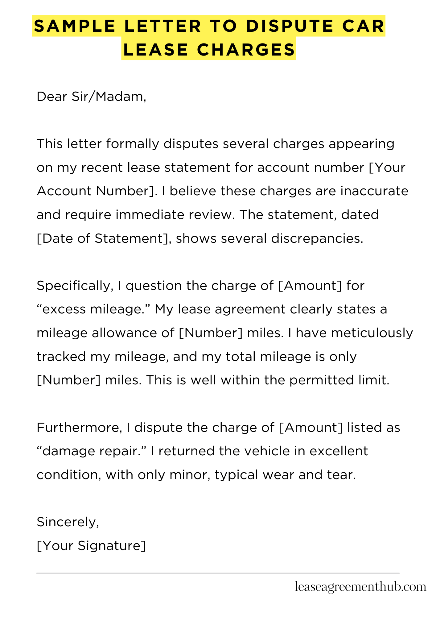 Sample Letter To Dispute Car Lease Charges