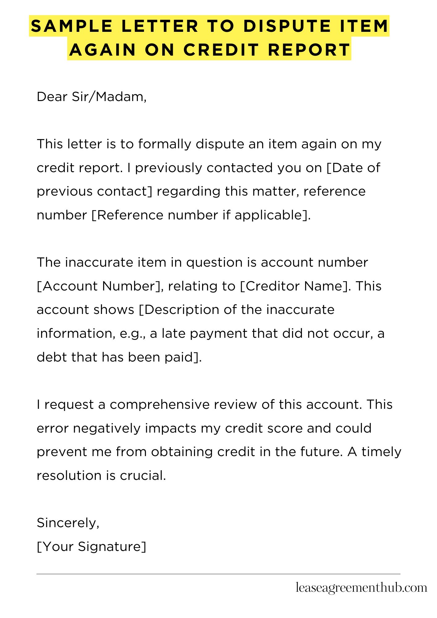 Sample Letter To Dispute Item Again On Credit Report