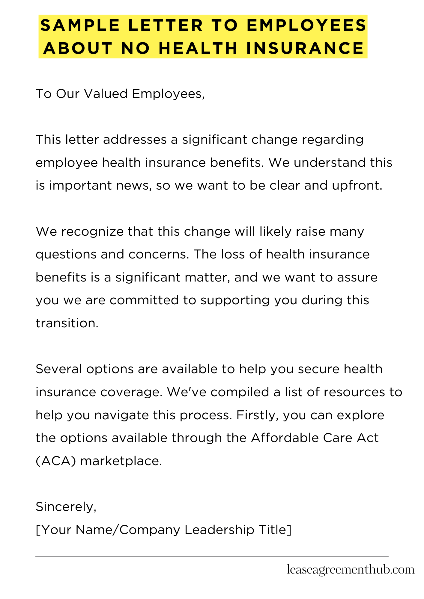 Sample Letter To Employees About No Health Insurance