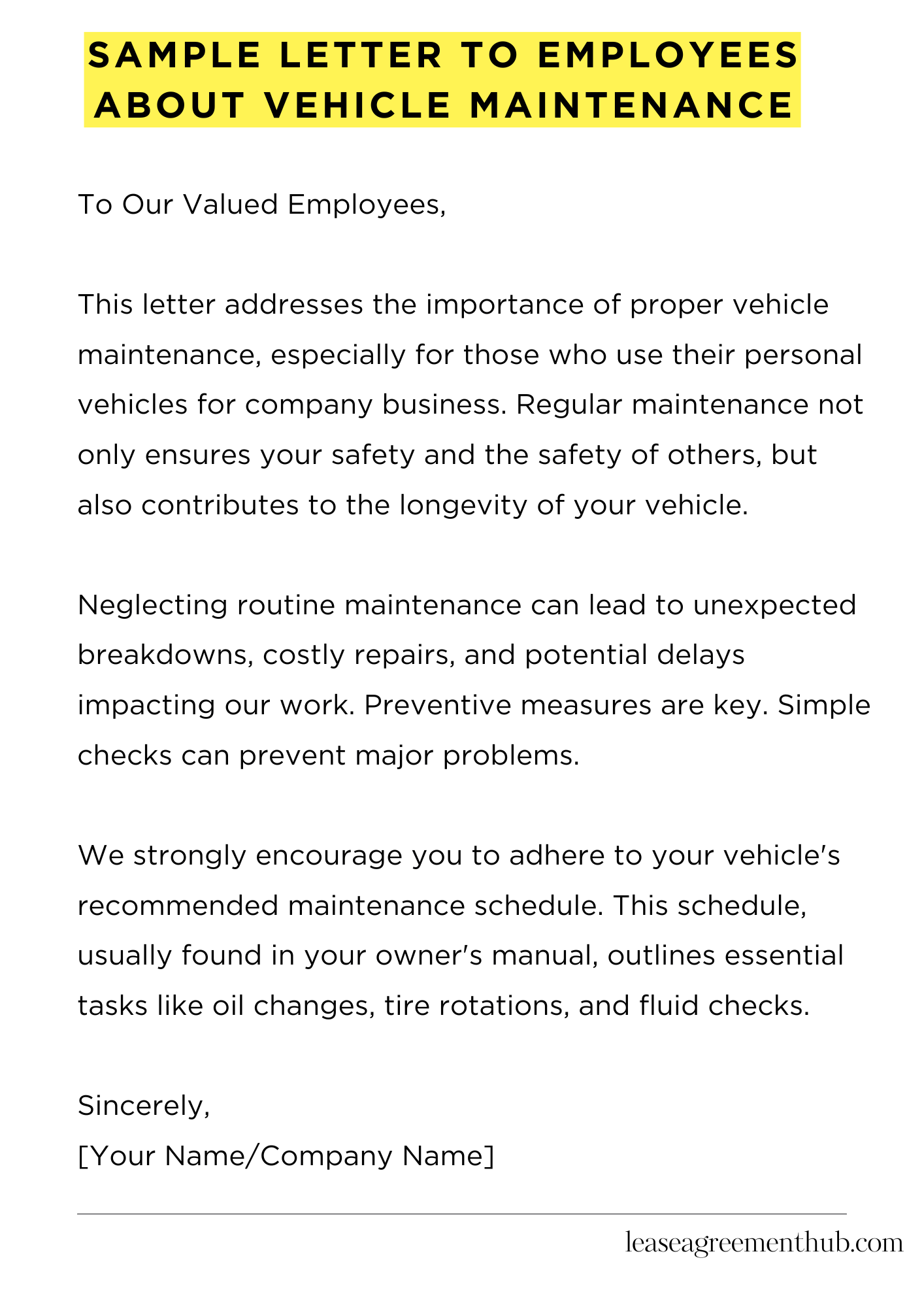 Sample Letter To Employees About Vehicle Maintenance