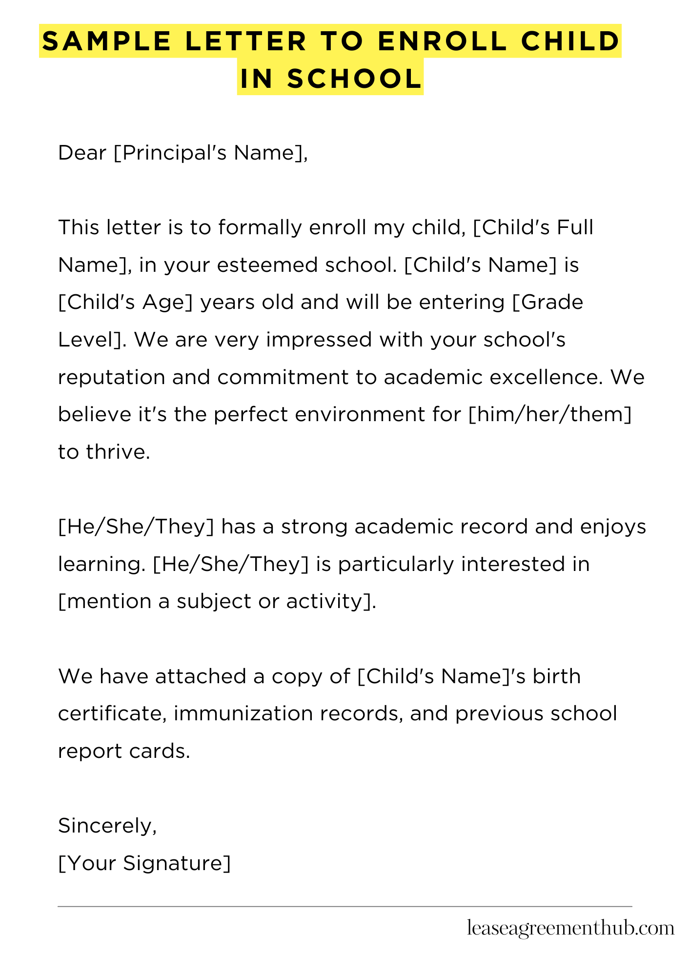Sample Letter To Enroll Child In School