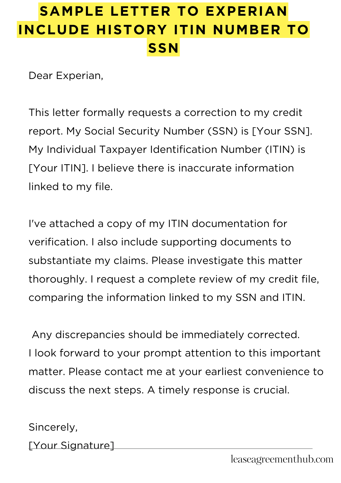 Sample Letter To Experian Include History Itin Number To Ssn