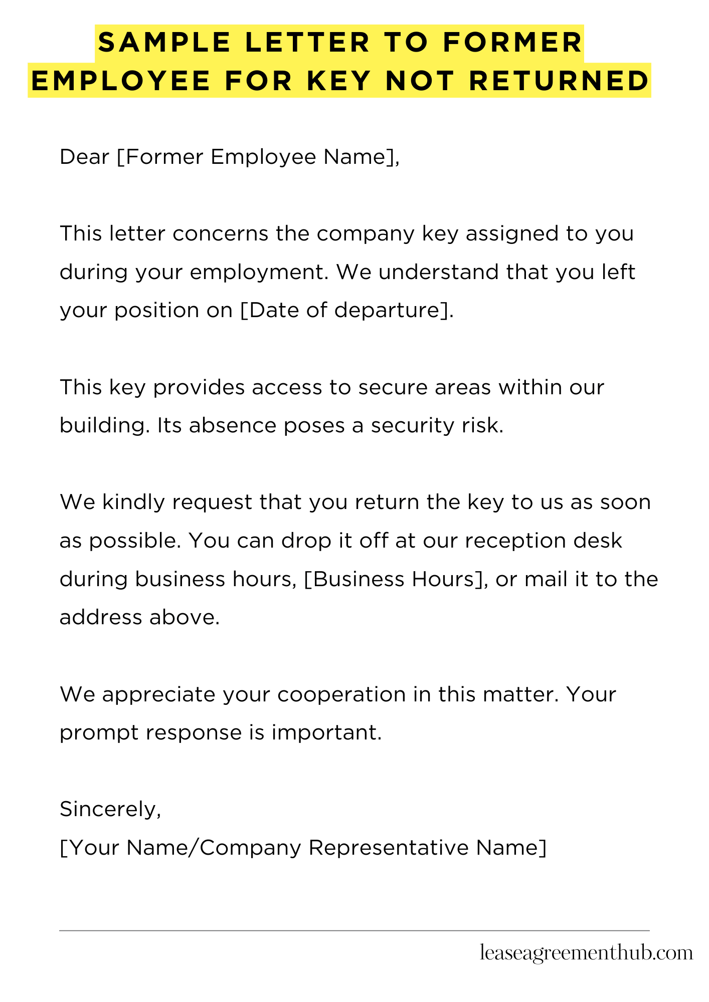 Sample Letter To Former Employee For Key Not Returned