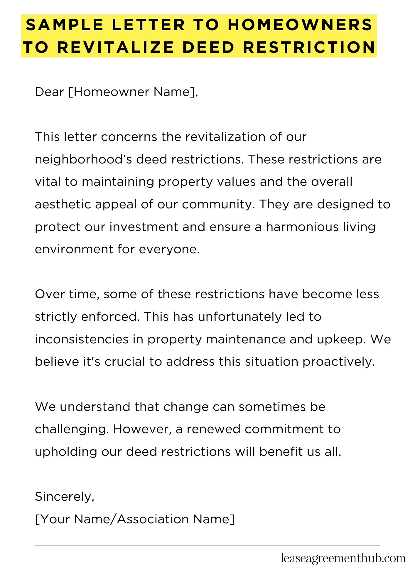 Sample Letter To Homeowners To Revitalize Deed Restriction