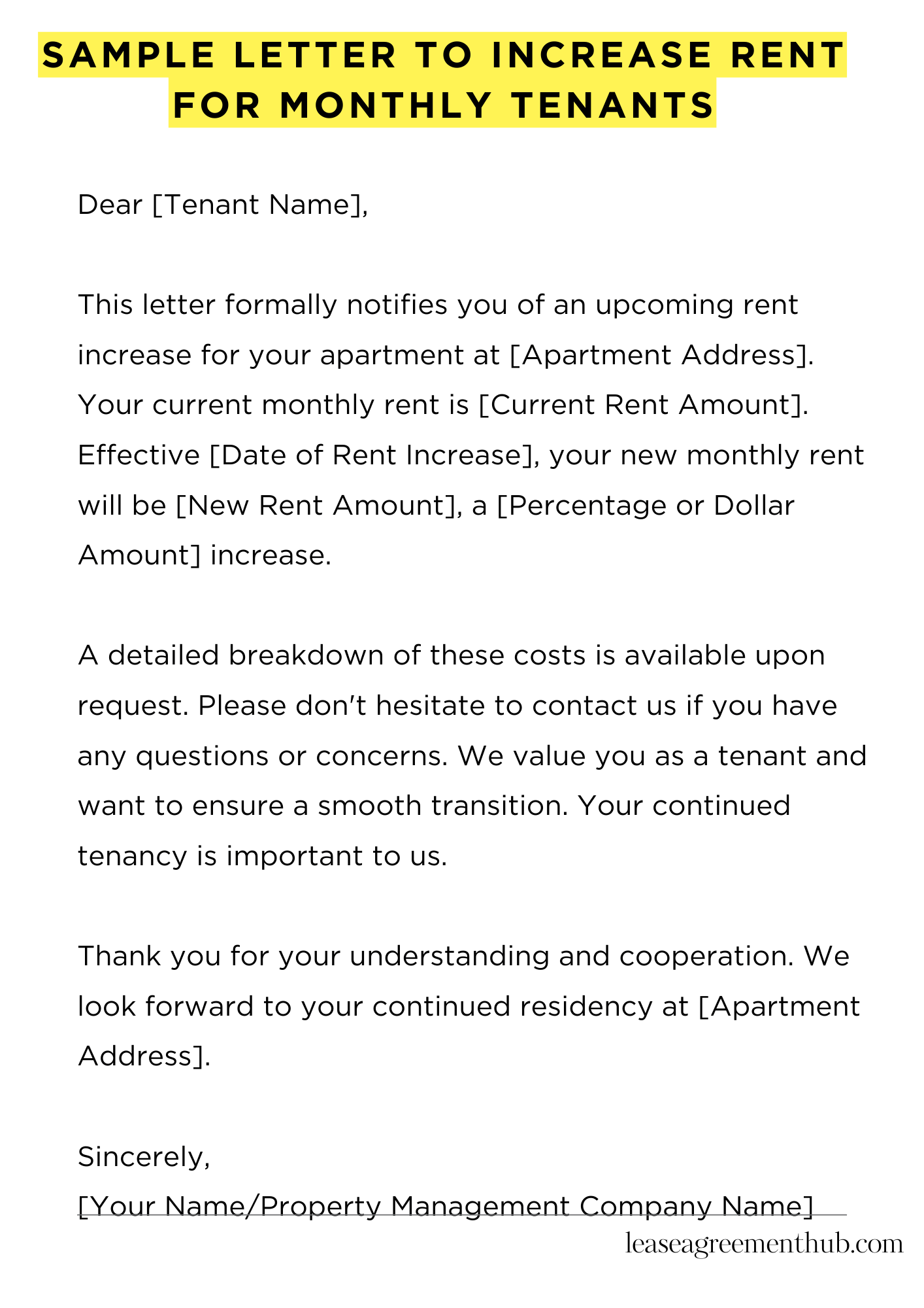 Sample Letter To Increase Rent For Monthly Tenants