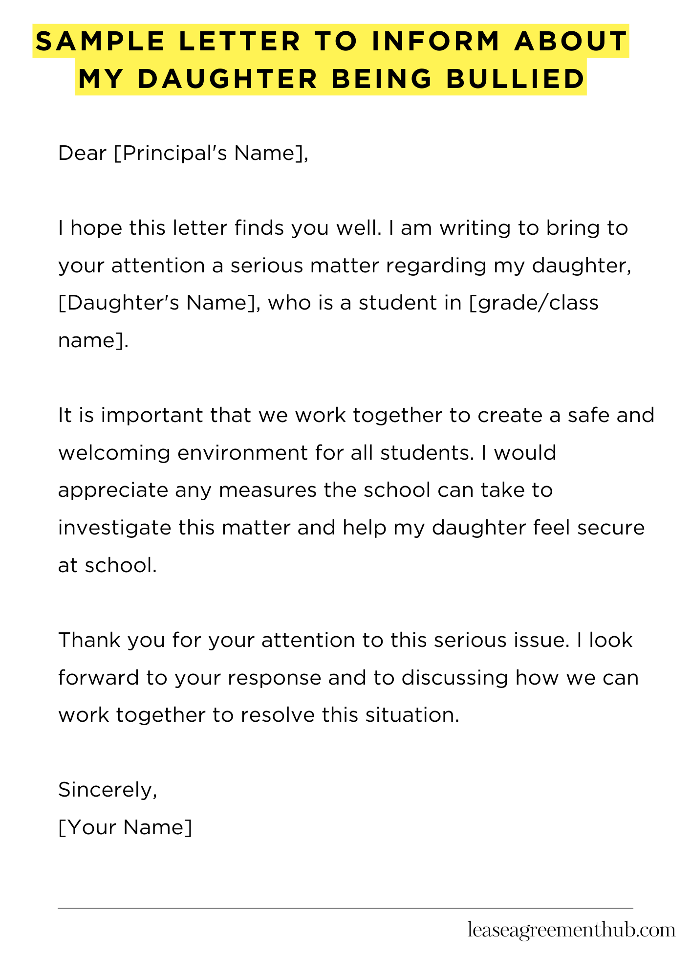 Sample Letter To Inform About My Daughter Being Bullied