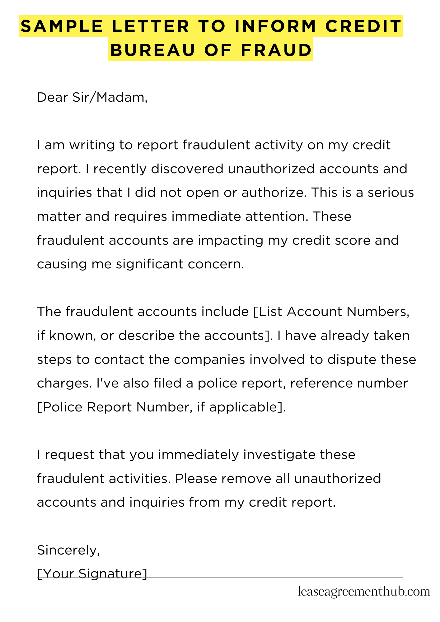 Sample Letter To Inform Credit Bureau Of Fraud