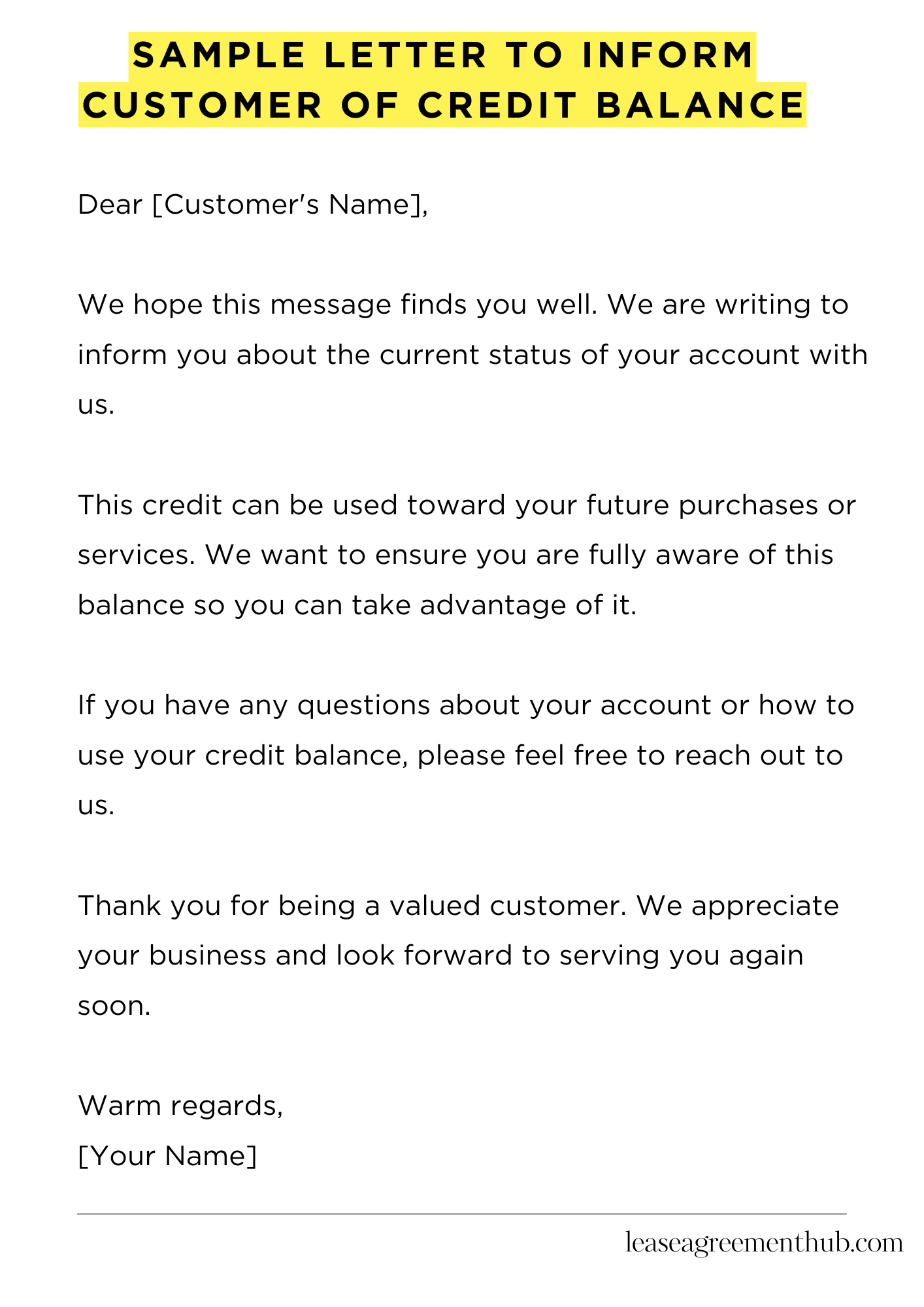 Sample Letter To Inform Customer Of Credit Balance