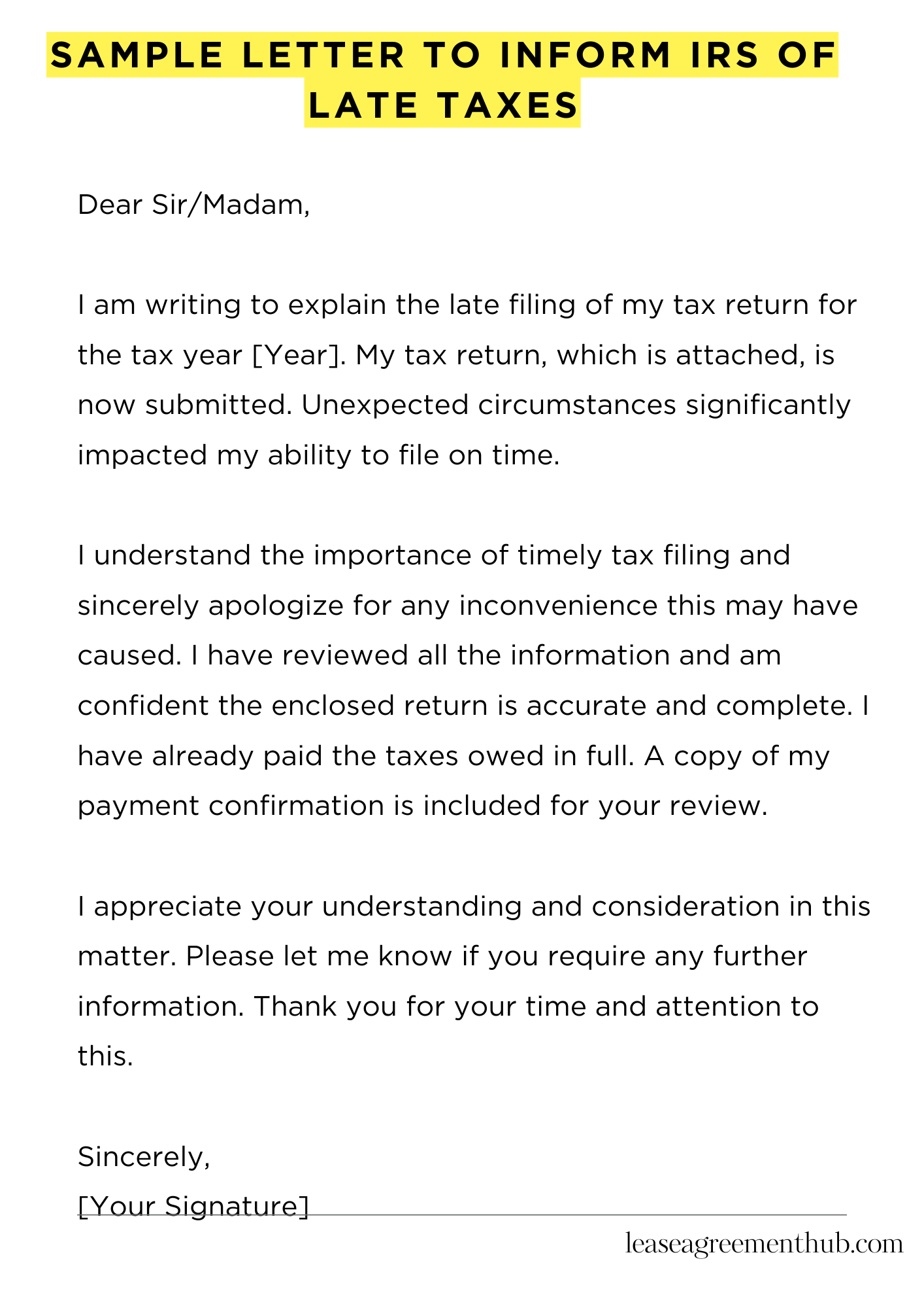 Sample Letter To Inform Irs Of Late Taxes