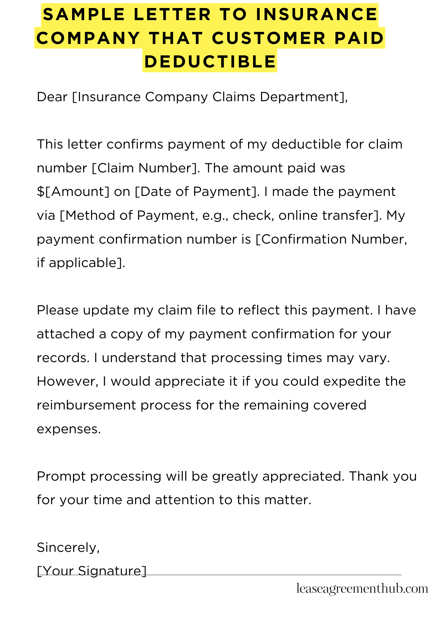 Sample Letter To Insurance Company That Customer Paid Deductible