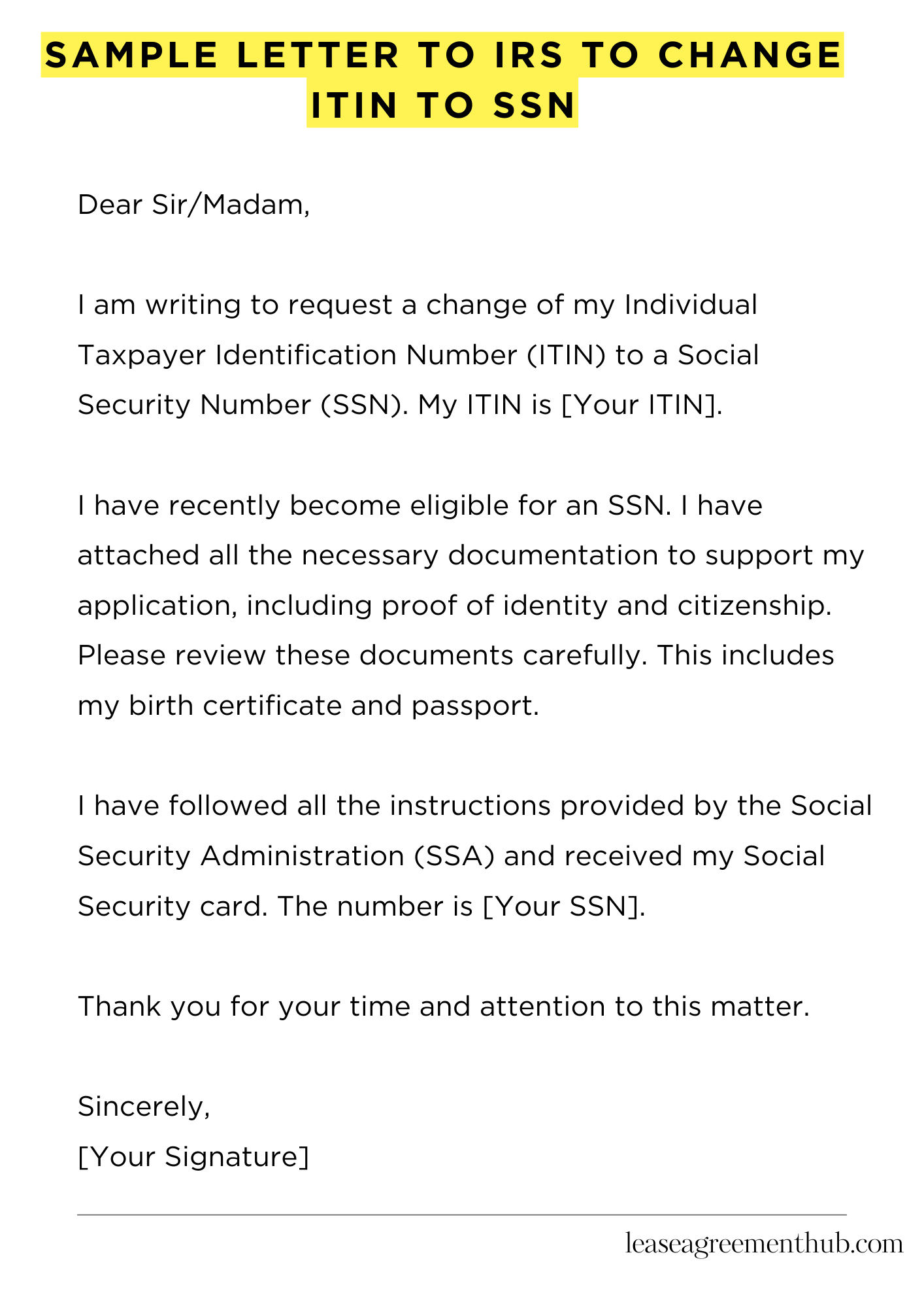 Sample Letter To Irs To Change Itin To Ssn