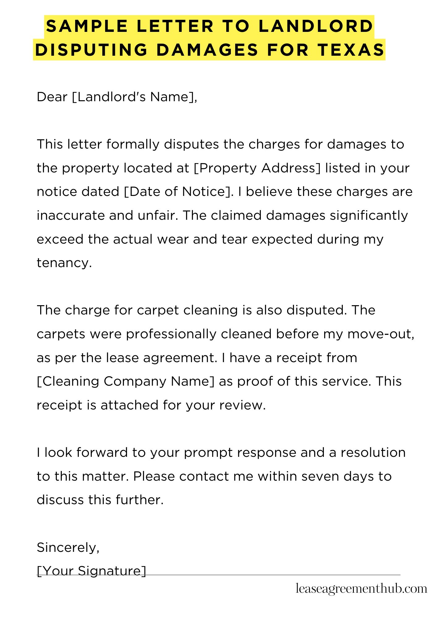 Sample Letter To Landlord Disputing Damages For Texas